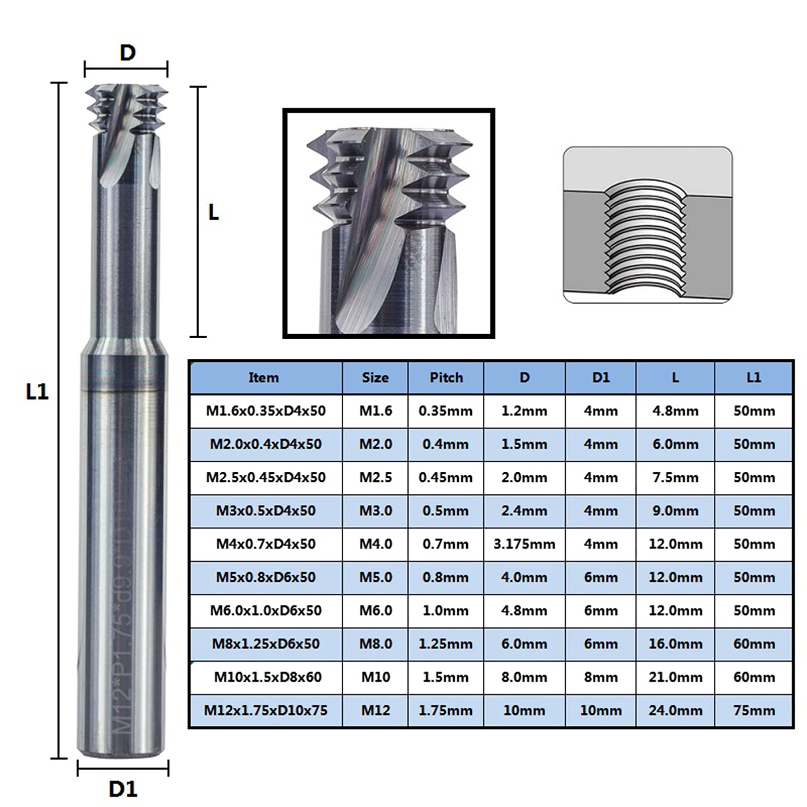 Schneidfräser 3-Zahn Metrischer, Fräswerkzeug Fräser Schaftfräsen Fasenfräser 60 ° Wolframstahl-Gewindefräser M6.0x1.0xd6x50 Kann für Aluminium Kupfer Edelstahl Legierten Stahl Verwendet Werden