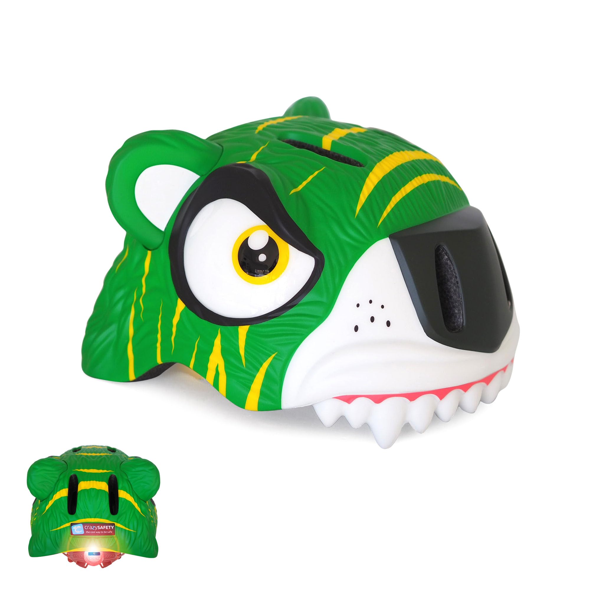 Crazy Safety Kinder Fahrradhelm (2-12 Jahre) – Bunter 3D Tierhelm mit LED-Rücklicht – Leichter In-Mold Schutzhelm für Fahrrad, Roller, Skateboard & Inlineskates