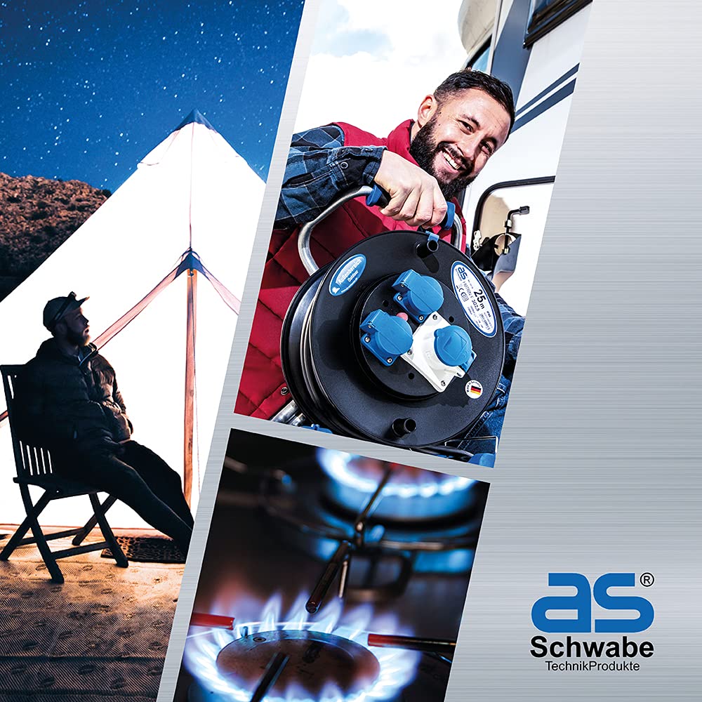 As - Schwabe Xperts - Avvolgicavo da campeggio, 25 m, per esterni, con spina CEE 230 V/16 A/3 poli, 2 prese Schuko e 1 presa CEE - IP44 - Made in Germany I 22176