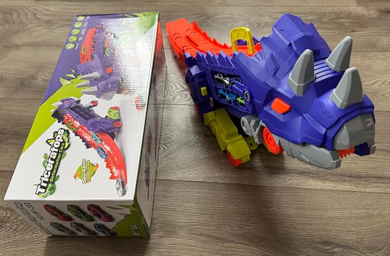 Camion Dinosaure Transformable 2 En 1 Avec 8 Voitures – Piste De Course Pliable – Jouet Portable Pour Enfant Dès 3 Ans – Cadeau Idéal