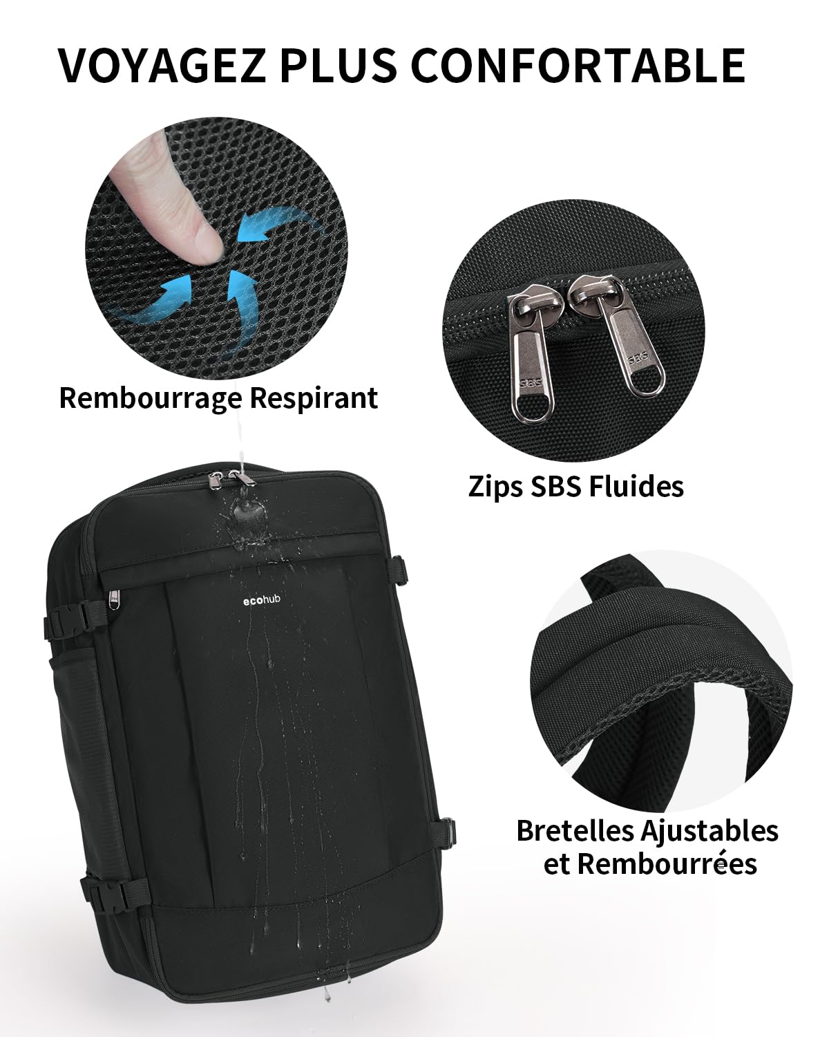 ECOHUB Sac a Dos Voyage Cabine Avion 45x36x20 pour Easyjet Bagage Cabine avec 3 Poches Zippées Cachées Bagage à Main Homme Sac à Dos pour Ordinateur 15.6 Pouces, Sac Cabine sous Siège, Noir, 30L