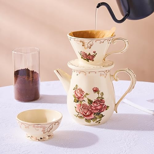 Miniatura 7 de YOLIFE Floarl - Juego de gotero de café, cafetera de cerámica con diseño de cono, 1 taza, regalo para mujeres (rosa)