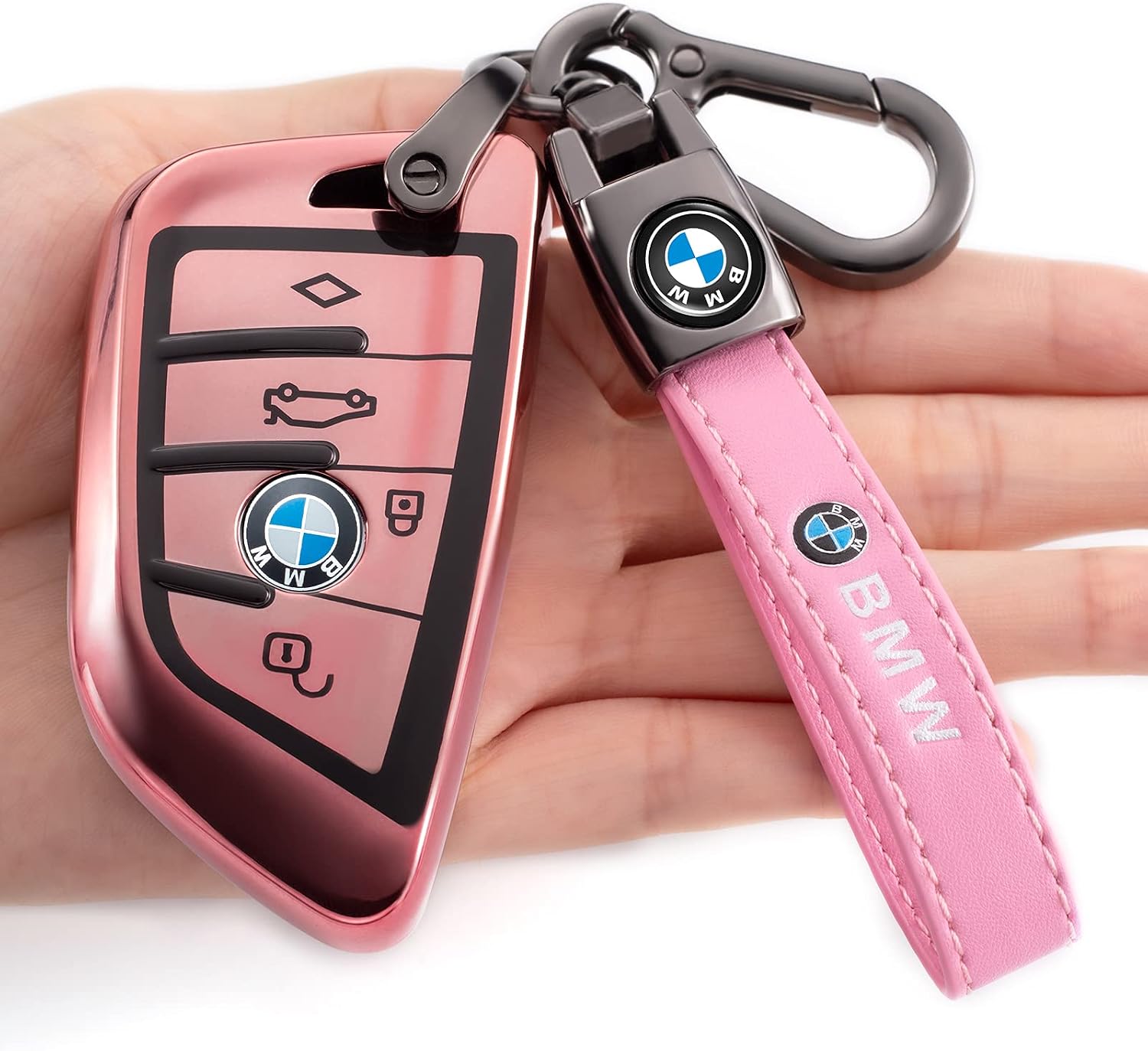 Compatible with BMW Key Fob Cover with Leather Lanyard, Car Key Case Shell Protection for BMW X1 X2 X3 X5 X6 X7 and Series 1 2 3 4 5 6 7 8 Smart Remote Control Key, Pink
