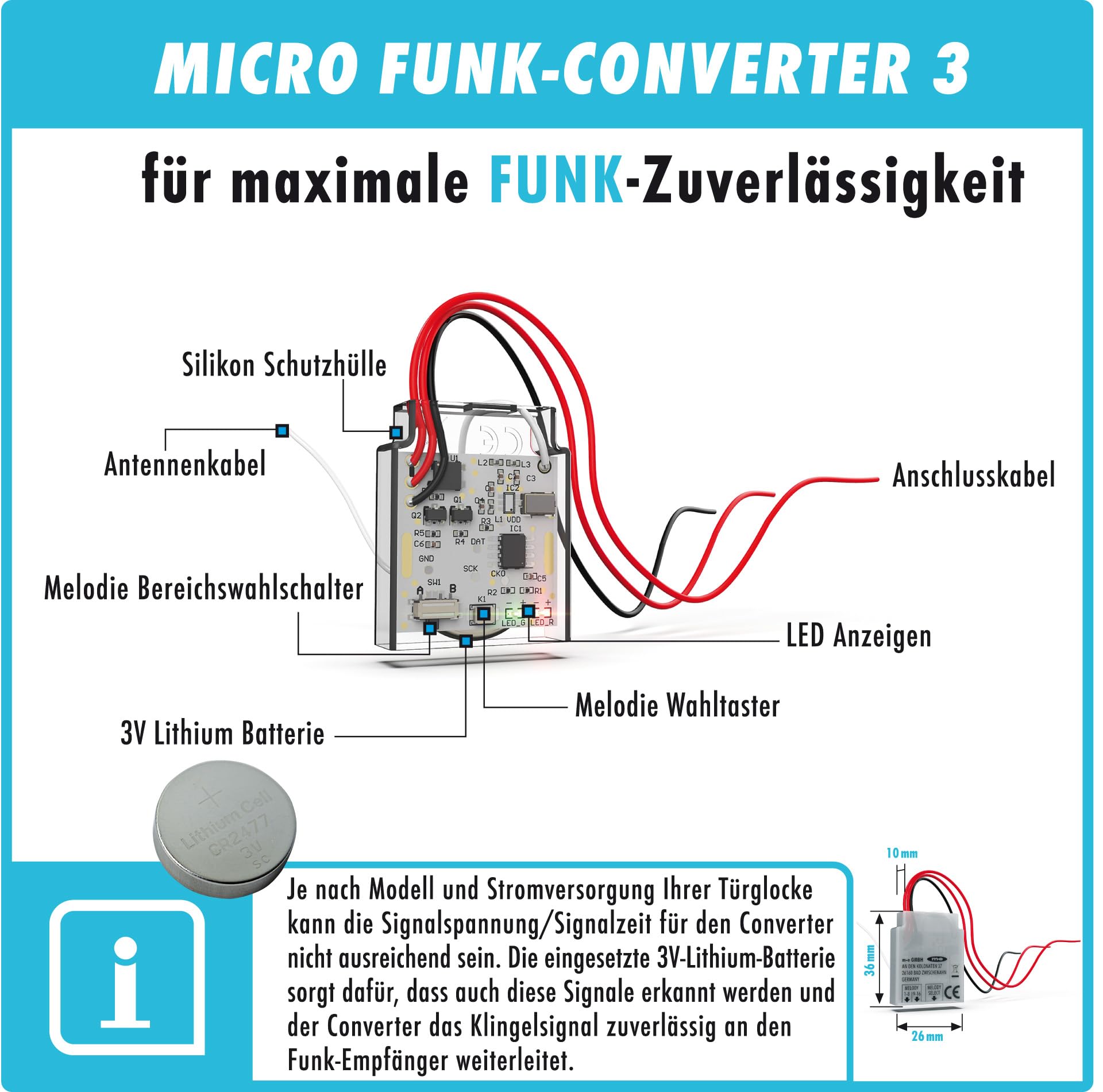 m-e Bell 55621 Funk Klingel Weiterleitung, Einbau in Klingelleitung oder Gehäuse Türklingel Erweiterung auf batteriebetriebenen Funkempfänger
