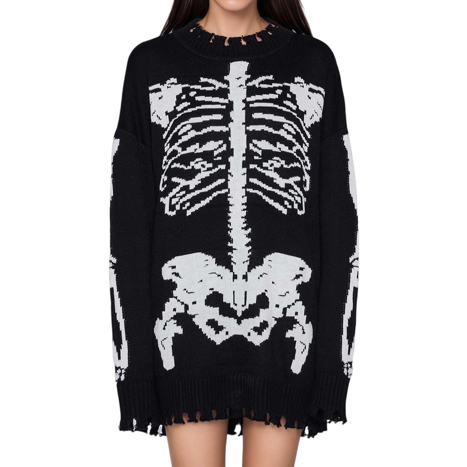 Generisch Gothic Punk Halloween Maglione lavorato a maglia oversize con osso scheletrico jacquard con dettagli di filato distressed per l'inverno