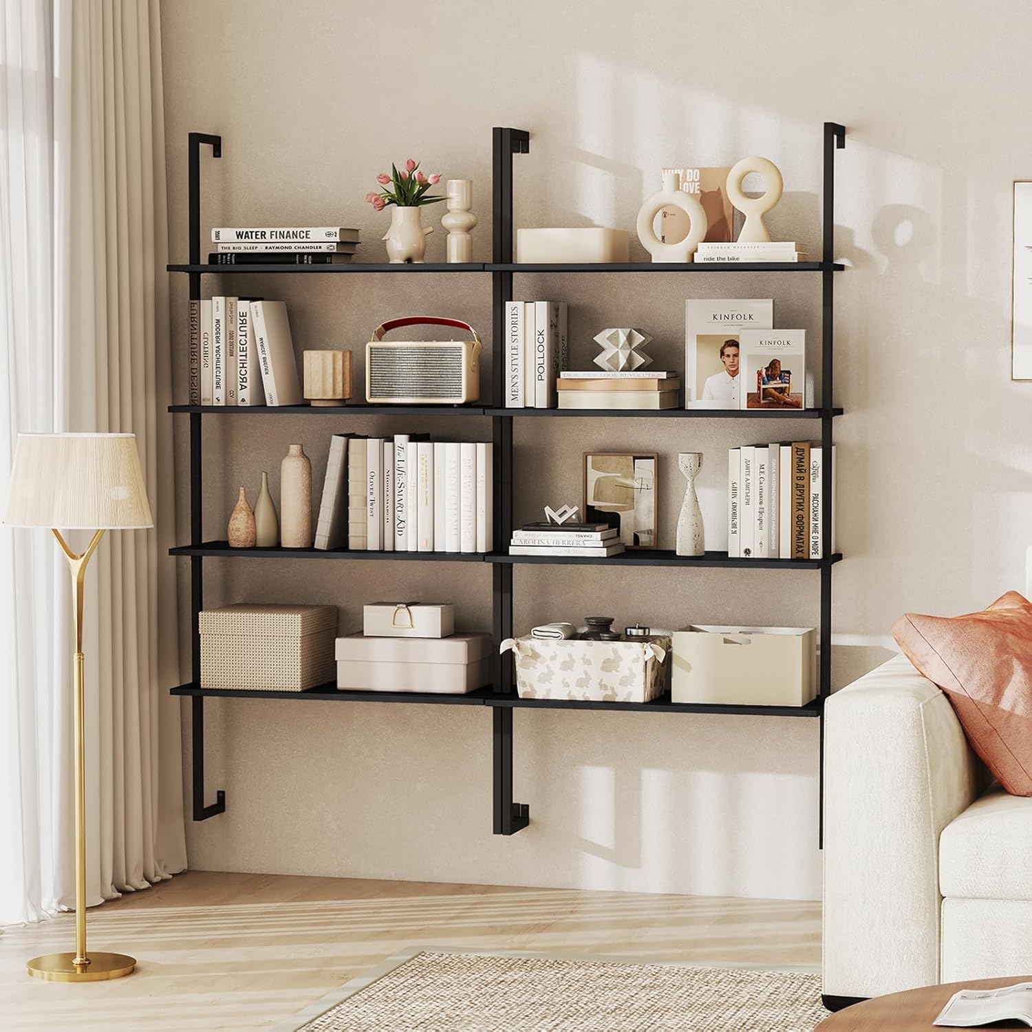 Giantex 4 Tier Modern Wall Mounted Bookshelf, 64" Industrial Wood Bookcase with Metal Frame, Display Storage Rack Organizer, Ladder Shelf Bookcase for Living Room, Kitchen (1, Black)