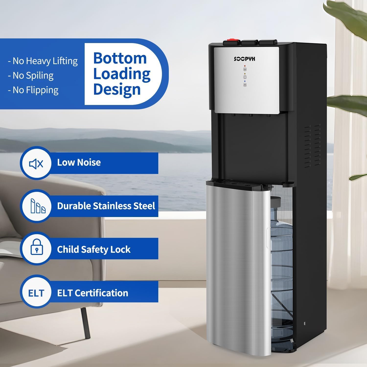 SOOPYK water cooler dispenser in a living room setting, highlighting its bottom loading design and features like low noise and child safety lock.