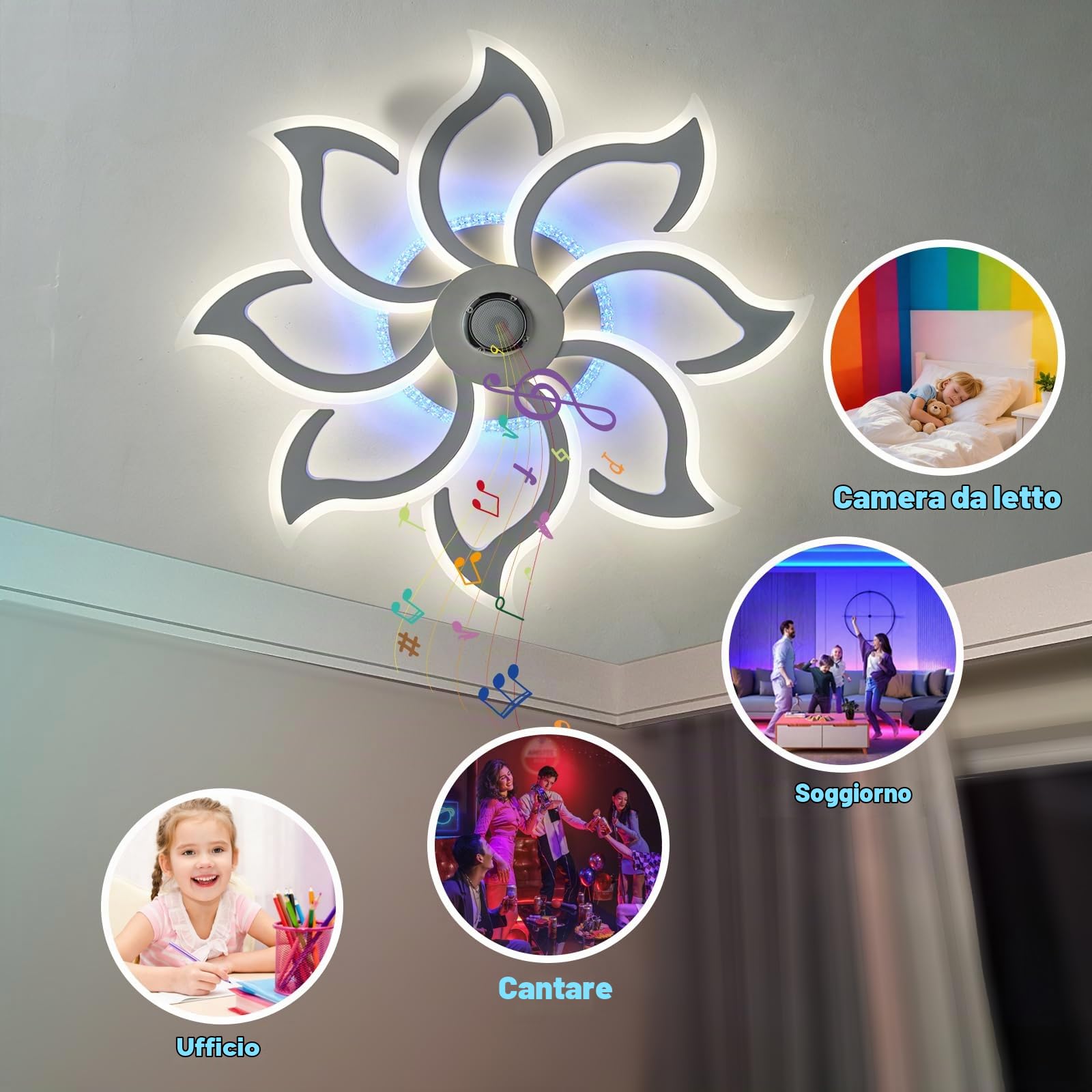 Plafoniera RGB con Altoparlante Bluetooth Lampada da Soffitto a Led 90cm Dimmerabile Per Camera da Letto e Soggiorno con Telecomando e Funzione Memoria Moderne lampadario Fiore con App Bianco