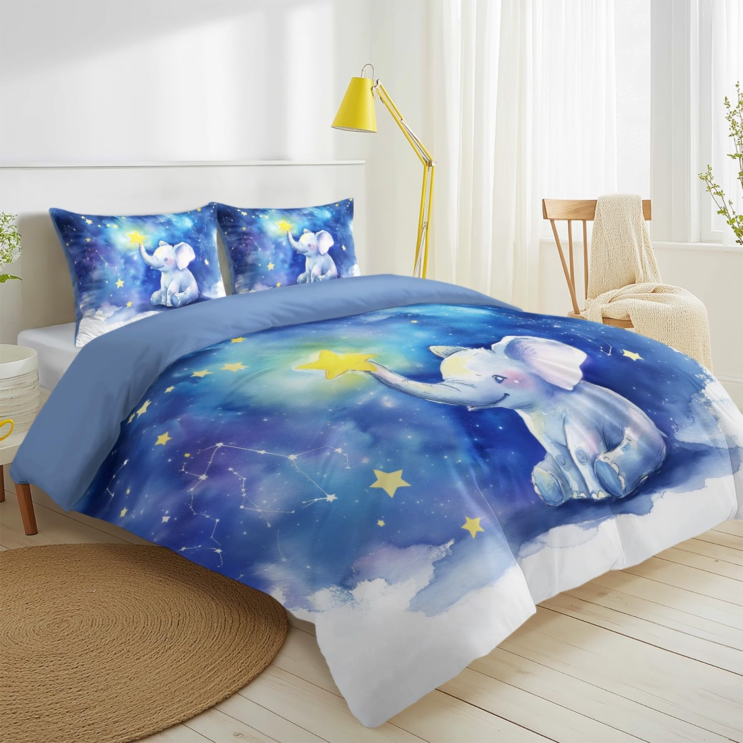 Generisch Fantasy Romantyczny komplet pościeli, poszewka na kołdrę 155 x 220 cm, 3-częściowy, pościel dwustronna, słonie, gwiazdki, mikrofibra, z zamkiem błyskawicznym