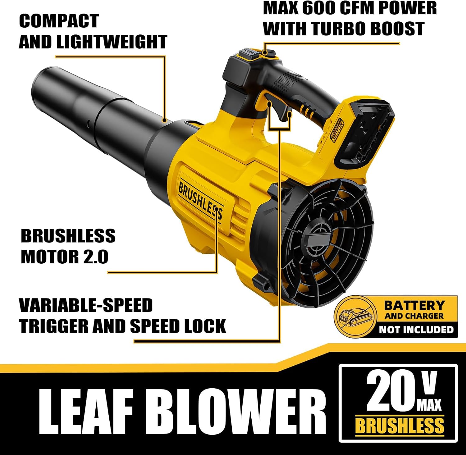 20V Cordless Leaf Blower, Compatible with DeWALT 20V MAX Batteries, Max 600 CFM/125 MPH with Turbo Boost, Brushless Motor 2.0, Variable-Speed Trigger, Lightweight and Compact, Tool Only
