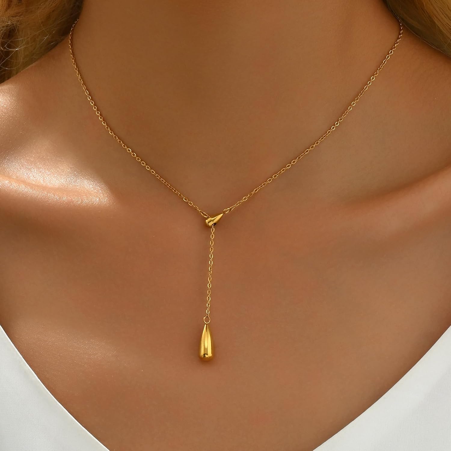Dainty 18K Gold Plated Lariat Necklace for Women Delicate Y Chain Rose Pearl Diamond Long Drop Necklace Layering Bridal Jewelry Gift