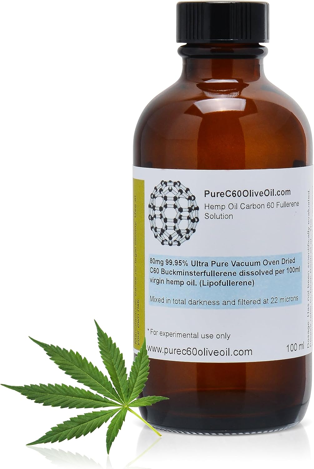 PureC60OliveOil C60 Organic Hemp Seed Oil 100ml / 3.4 Fl Oz - 99.95% Carbon 60 Solvent Free 80mg - Amber Glass Bottle - Food Grade - Carbon 60 Hemp Oil - from The Leading Global Producer