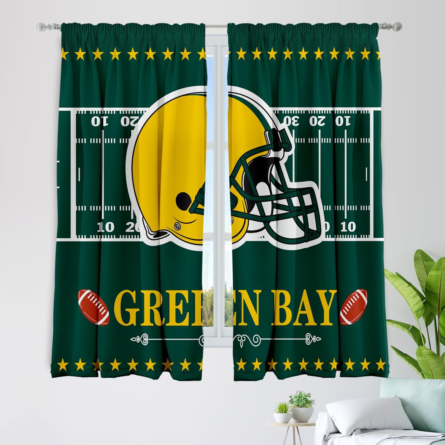 Green Bay Curtains for Bedroom,Football Themed Blackout Curtains with Rod Pockets Top,City Style Drapes for Windows Living Room 2 Panels, 72''W x 63''L (Green-GB)