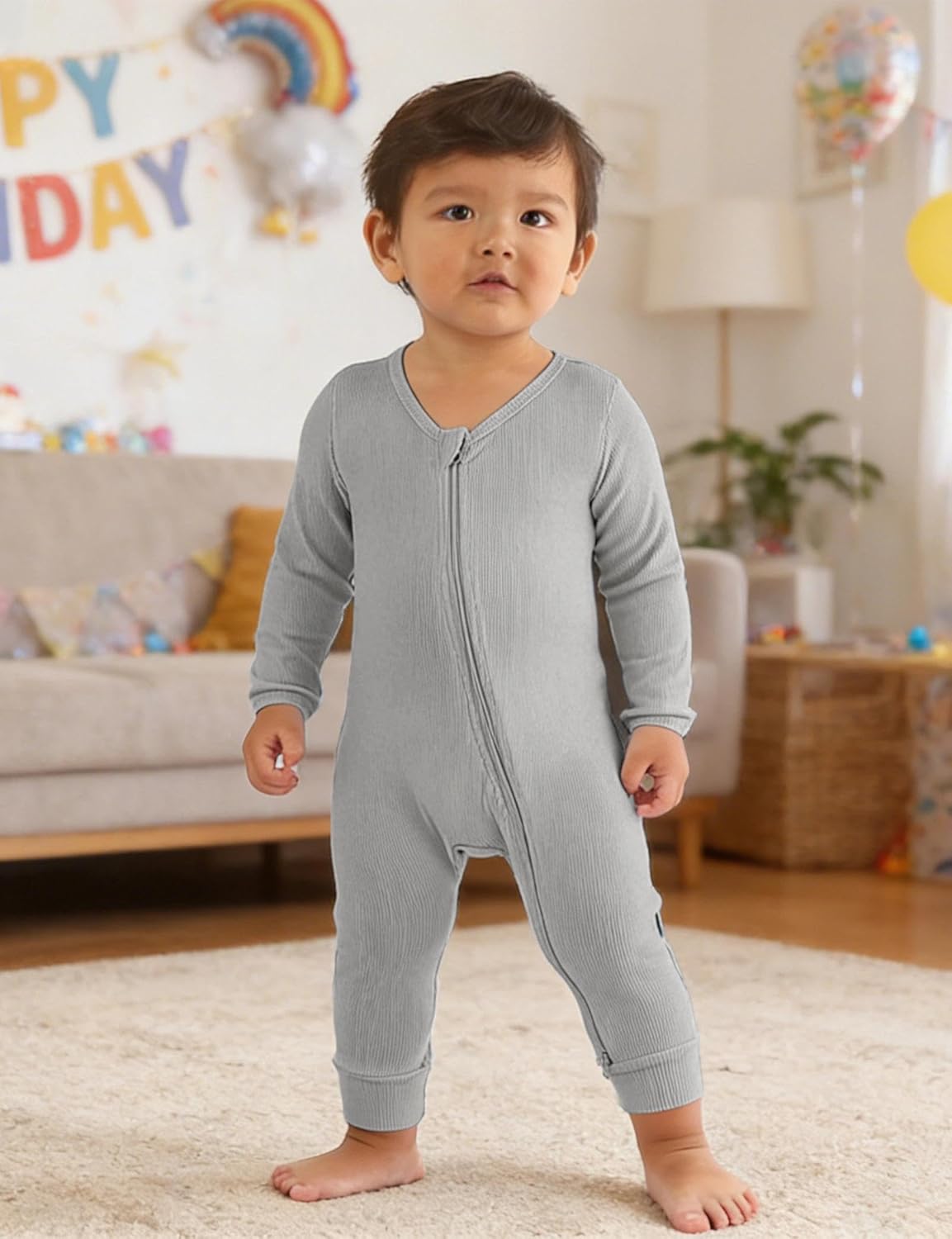 Jimonda Ribbed Rayon From Bamboo Baby Boys/Girls Sleepers, 2-Way Zipper Long Sleeve Footless Pajamas With Mittens Soft Pjs