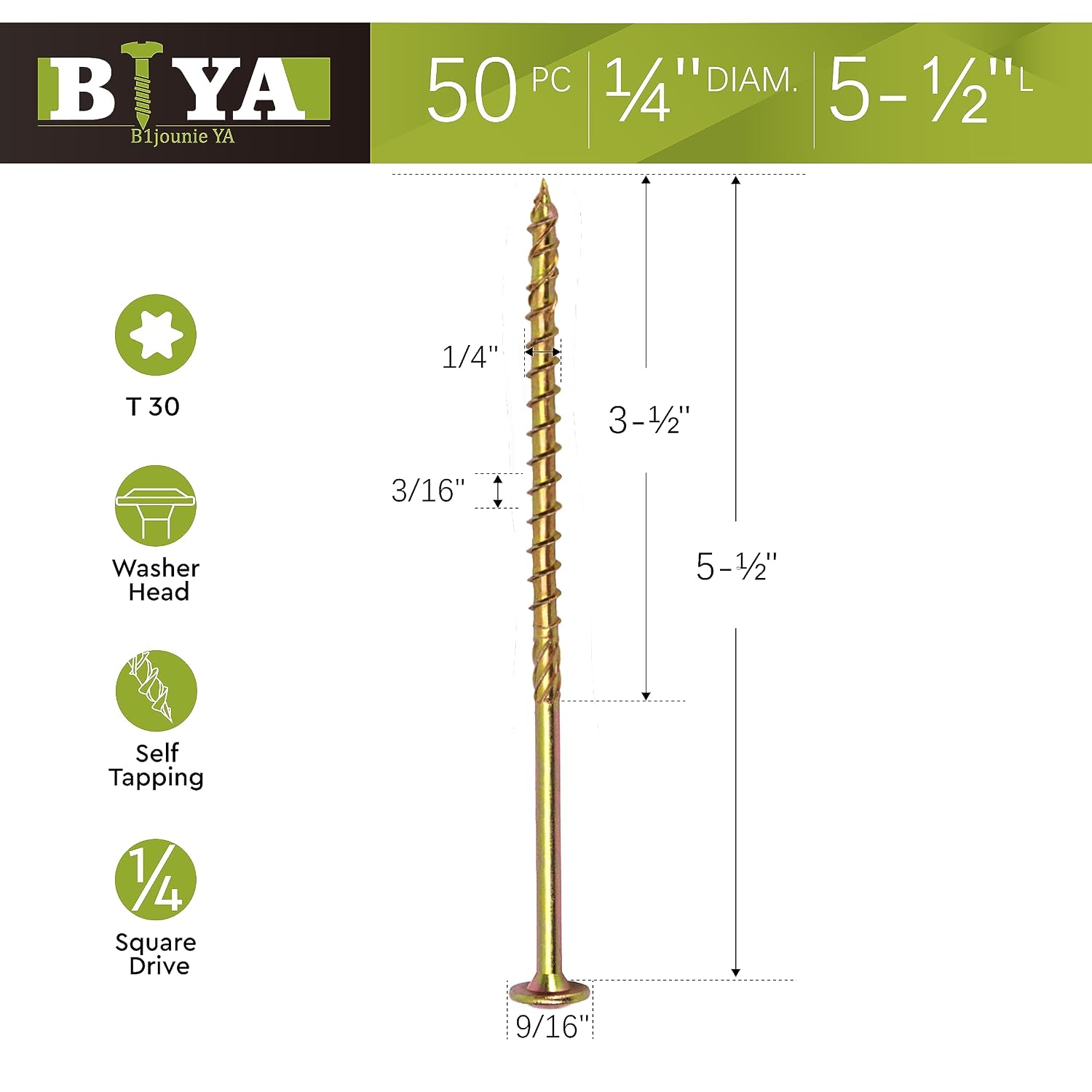 1/4 x 5-1/2 Inch Heavy Duty Lag Screws, Structural Screws 50Pcs, Torx T30 Star Drive Construction Lag Screws, Rust Resistant Heavy Duty Wood Screws for Deck,Fencing,Landscaping,Timber,Yellow Zinc