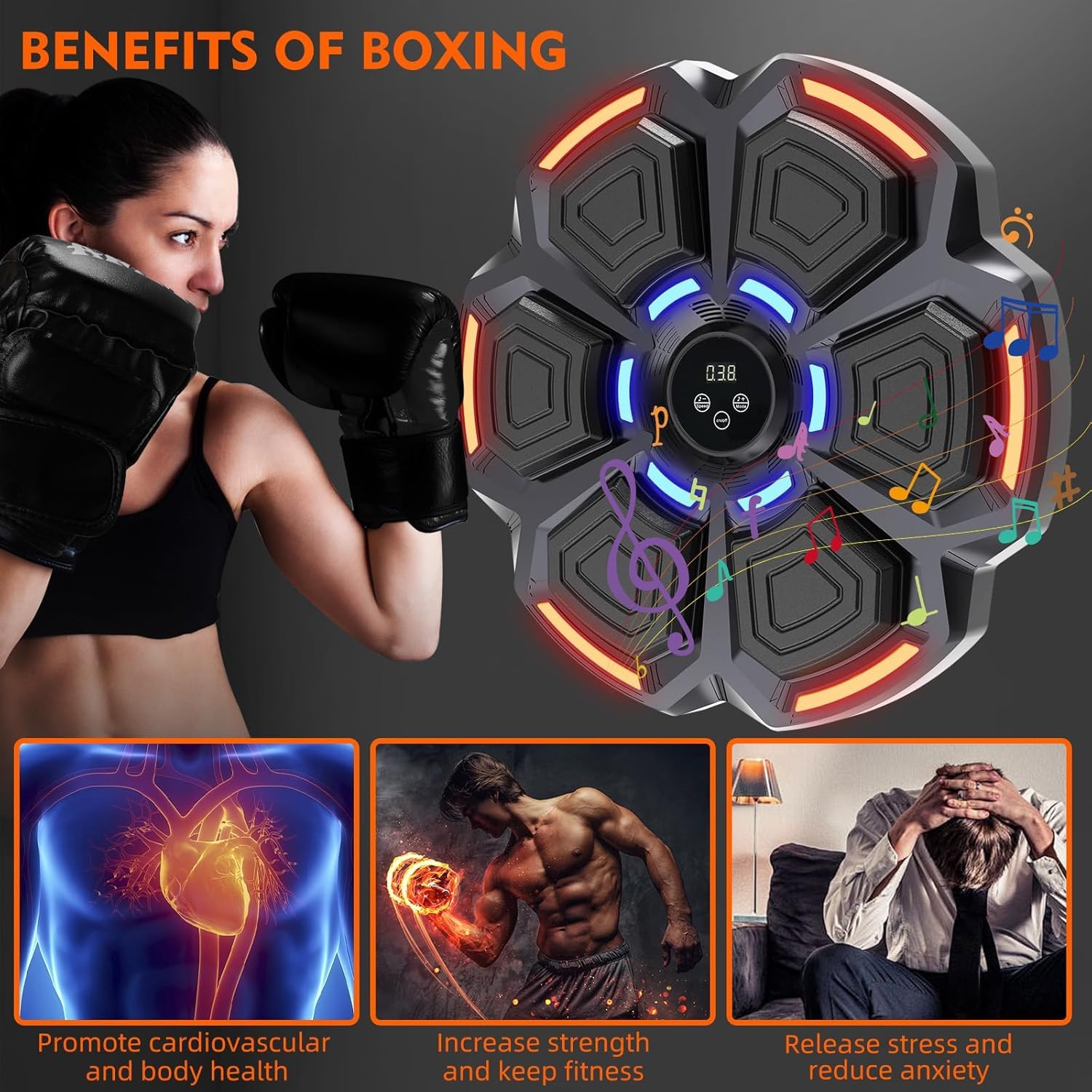 Maquina Boxeo Musical Pared 9 Modos 9 Velocidad Music Boxing Machine Adulto con Guantes Bluetooth Recuento Inteligente