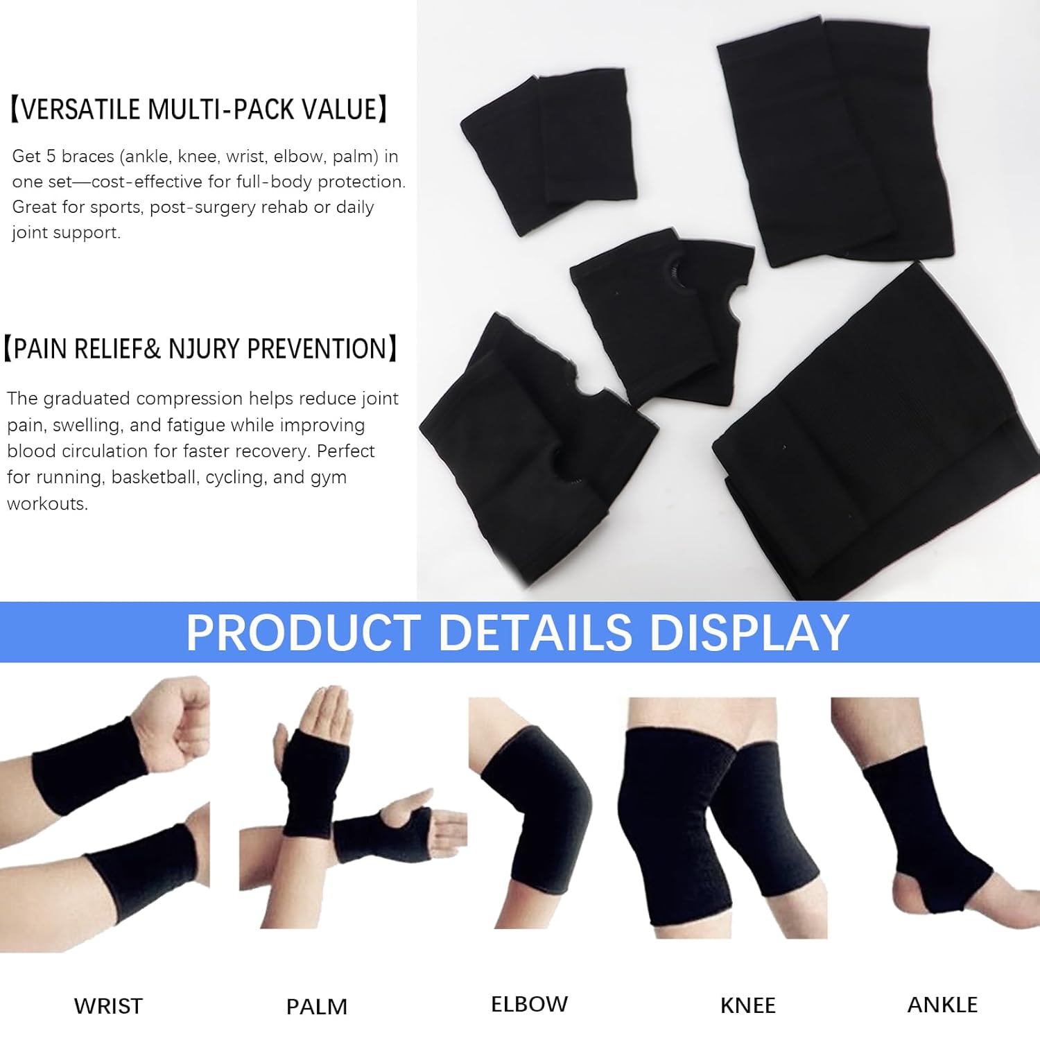 5-Pack Compression Braces Set - Ankle Knee Wrist Elbow&Palm Support Sleeves for Sprains Arthritis Tendonitis - Breathable Knitted Joint Brace for Running, Basketball, Fitness&Recovery (Black)