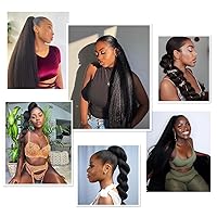 Vista 35 de WIGNEE Extensión de cola de caballo larga rizada recta y envolvente, extensión de cola de caballo Yaki negro natural para mujeres negras, Marrón