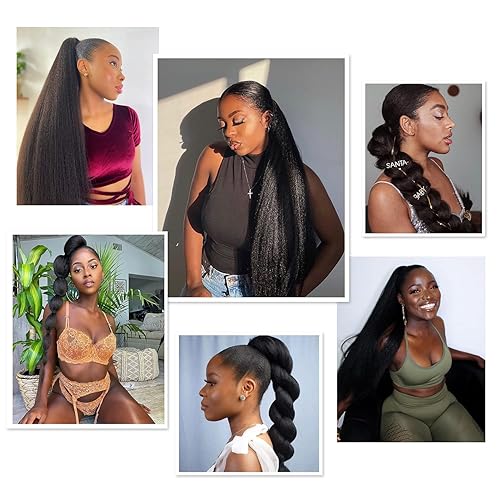 Miniatura 7 de WIGNEE Extensión de cola de caballo larga y recta estilo kinky para mujeres negras, extensiones de cabello con cola de caballo color negro natural,