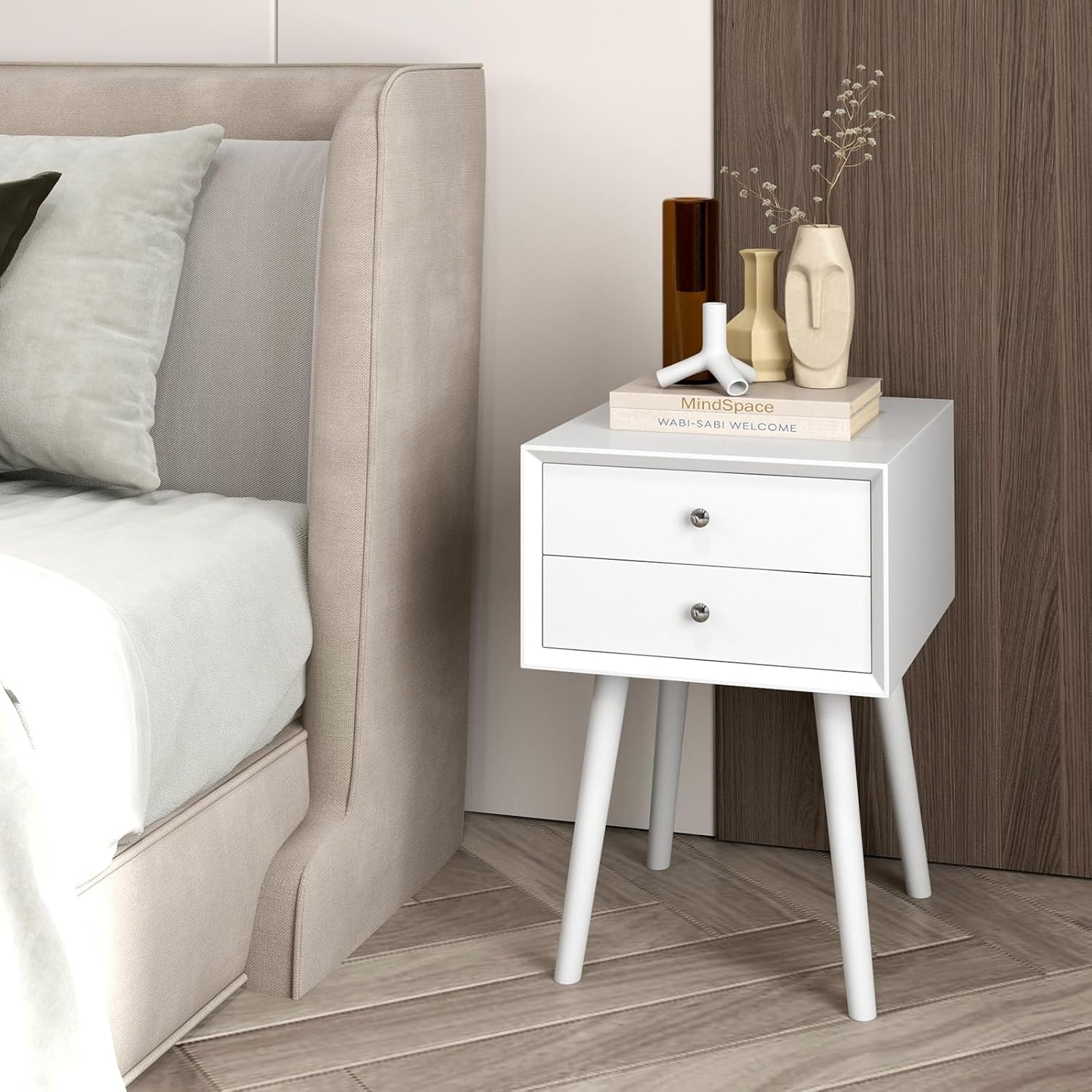 KOMFOTT 2-Drawer Nightstand Set of 2, Mid-Century Modern Bed Side Table with Storage, Multipurpose End Table Side Table with Rubber Wood Legs for Bedroom Living Room, Easy Assembly
