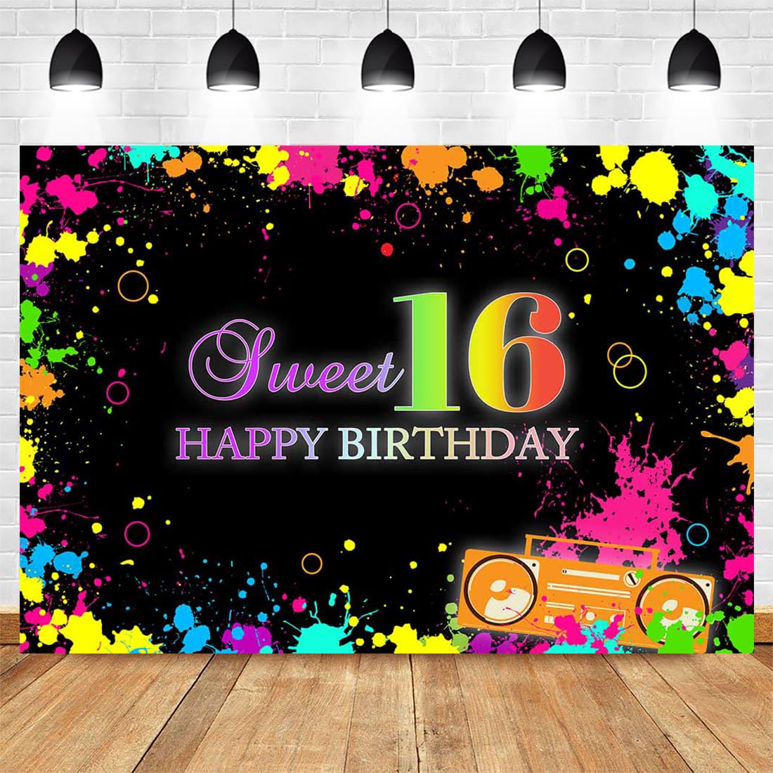 Avezano 7x5ft Sweet 16 Backdrop Neon 16th Birthday Banner Sweet 16 Glow in The Dark Party Decorations Graffiti Sixteen Party Decor Photo Booth