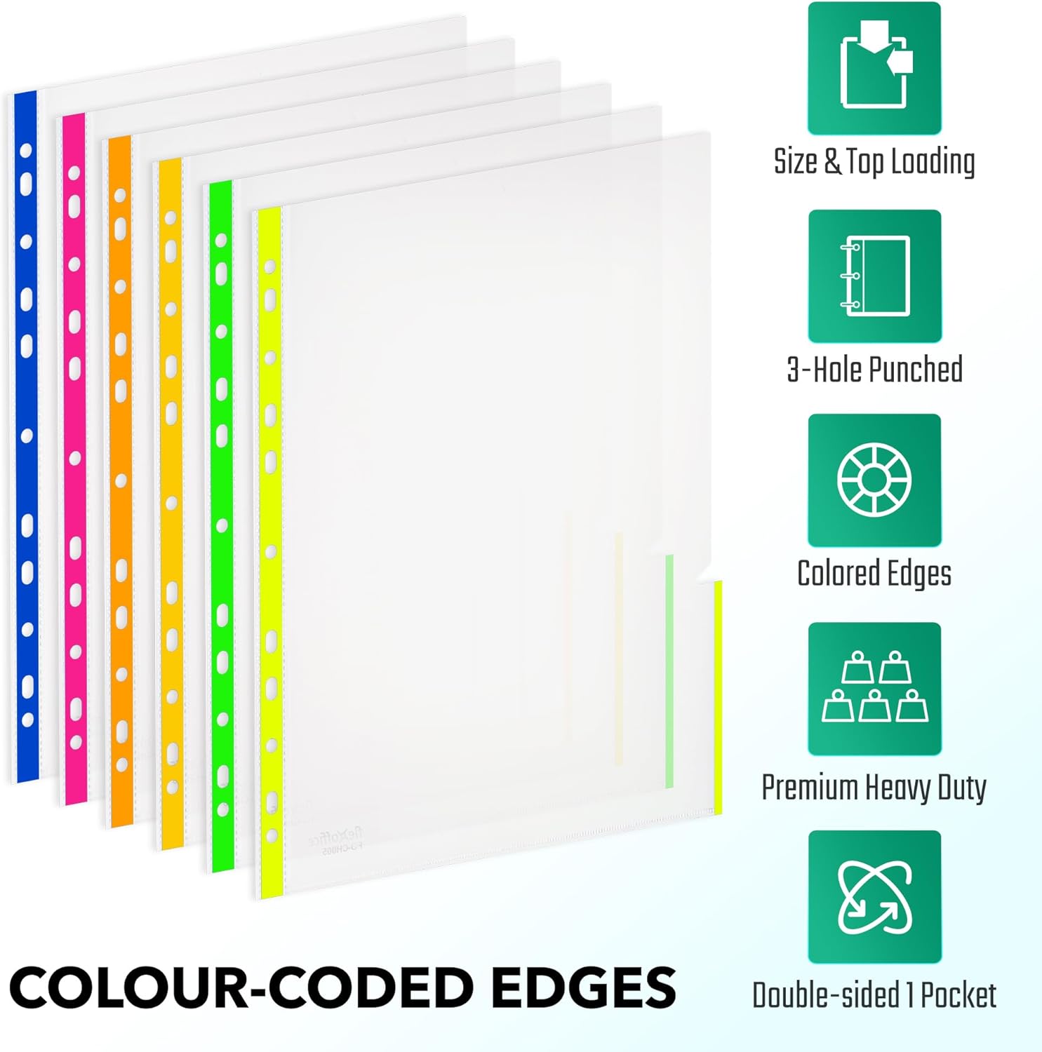 FLEXOFFICE 100 Pack, Color Edges Plastic Sheet Protectors 8.5"x11", Premium Heavy Duty, Top & Side Loading, Page Protectors Sheet Reinforced 11-Hole Fit for 2/3/4 Ring Binder
