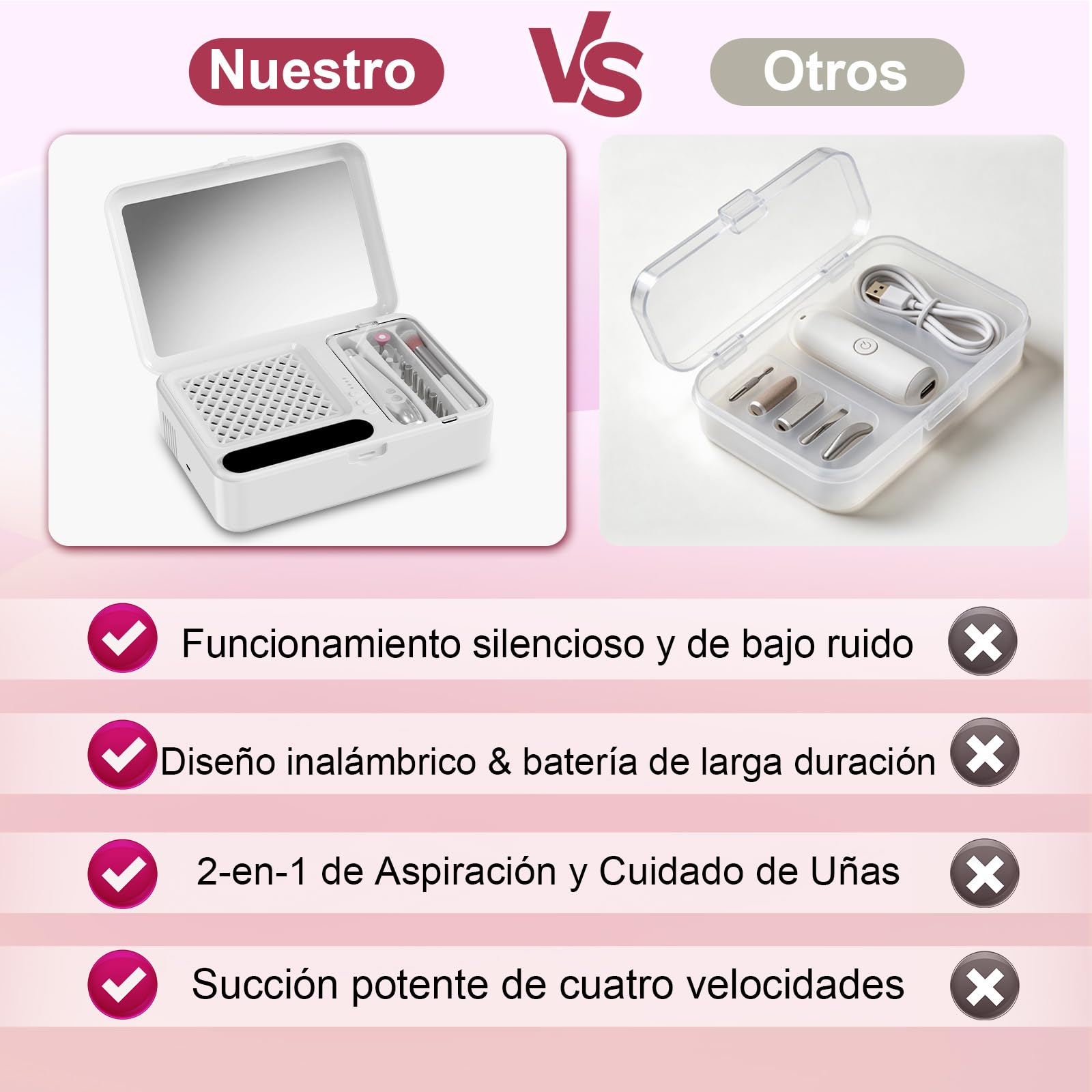 Aspirador uñas 2 en 1, 16 pcs, inalámbrico, 4000mAh | Succión 4 niveles, 99% polvo, manicura pro, silencioso