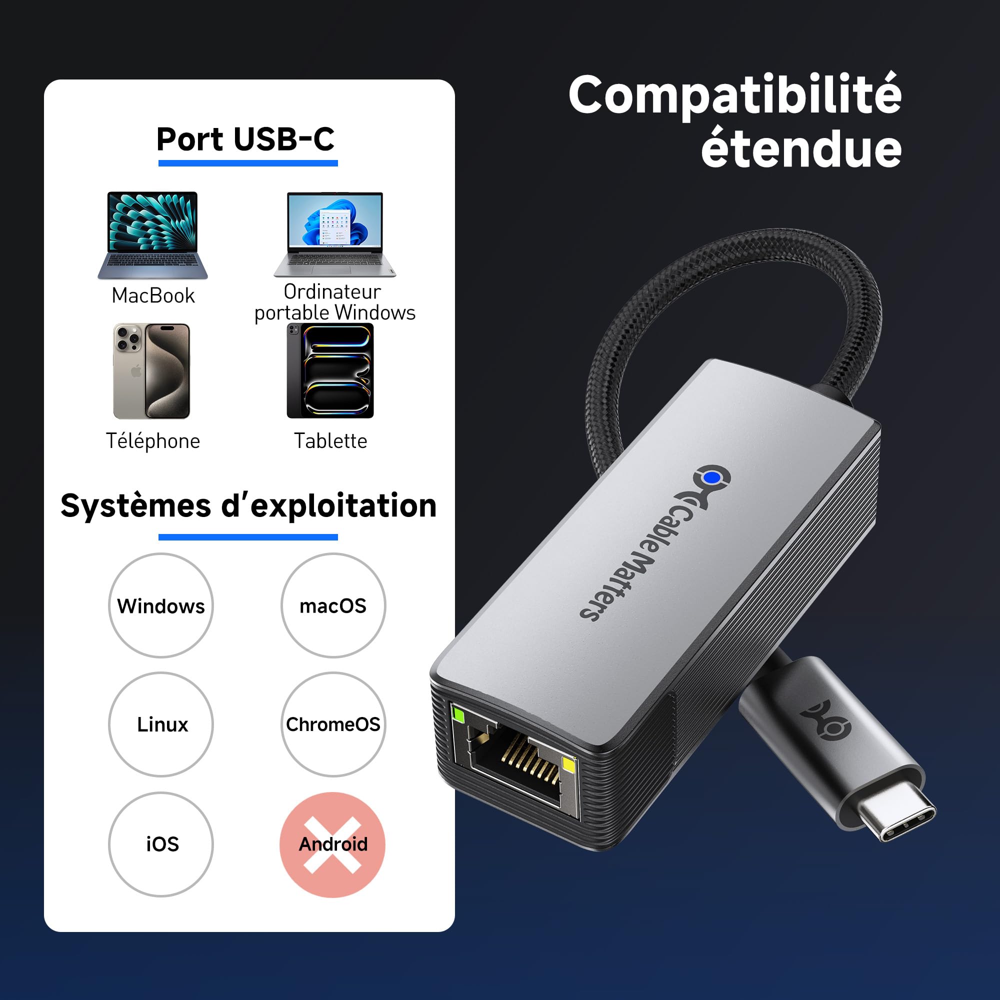 Cable Matters Adaptateur Ethernet USB-C 10GbE en Aluminium | Compatible avec USB4/TB 5, fonctionnement silencieux et frais, vitesse réelle env. 7Gbit/s sous Windows / 5Gbit/s sous macOS