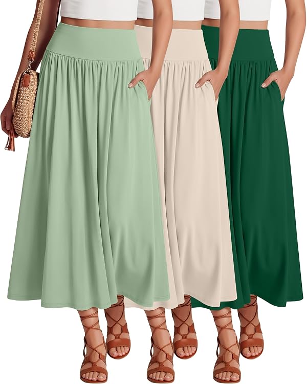 Ficerd 3 Pack Maxi Long Skirts for Women, Ankle Length High Waisted Pleated Flowy a Line Summer Casual Skirts with Pockets(Light Green, Cream, Dark Green,Small) by Ficerd - Used condition - US$29.20