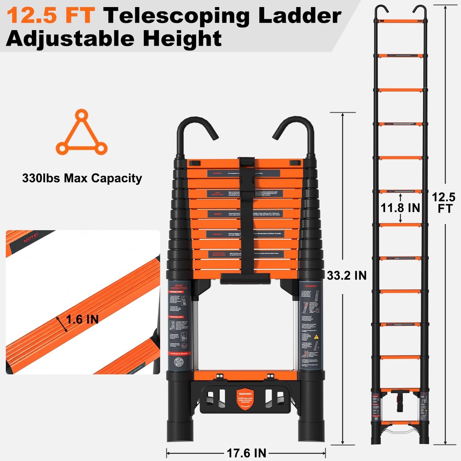 Telescopic Ladder,12.5 FT Extension Ladder，Aluminum Ladder for RV Home Outdoor, 330lbs Max Capacity, One Bottom Retraction Ladder