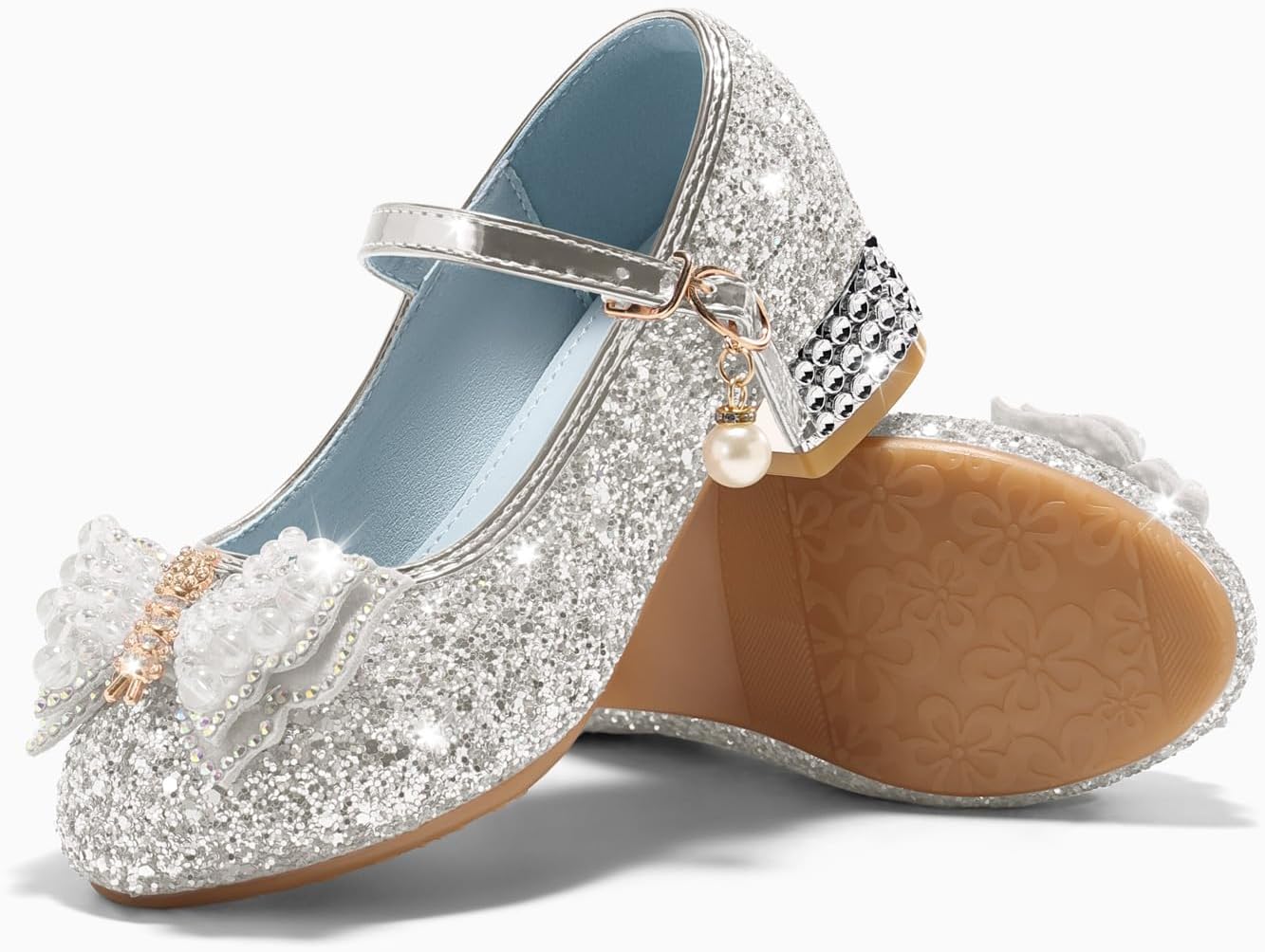 Haloumoning Girls Dress Shoes Glitter Chunky Low Heel Princess Heels Mary Jane Wedding Flower Girl Party Pumps