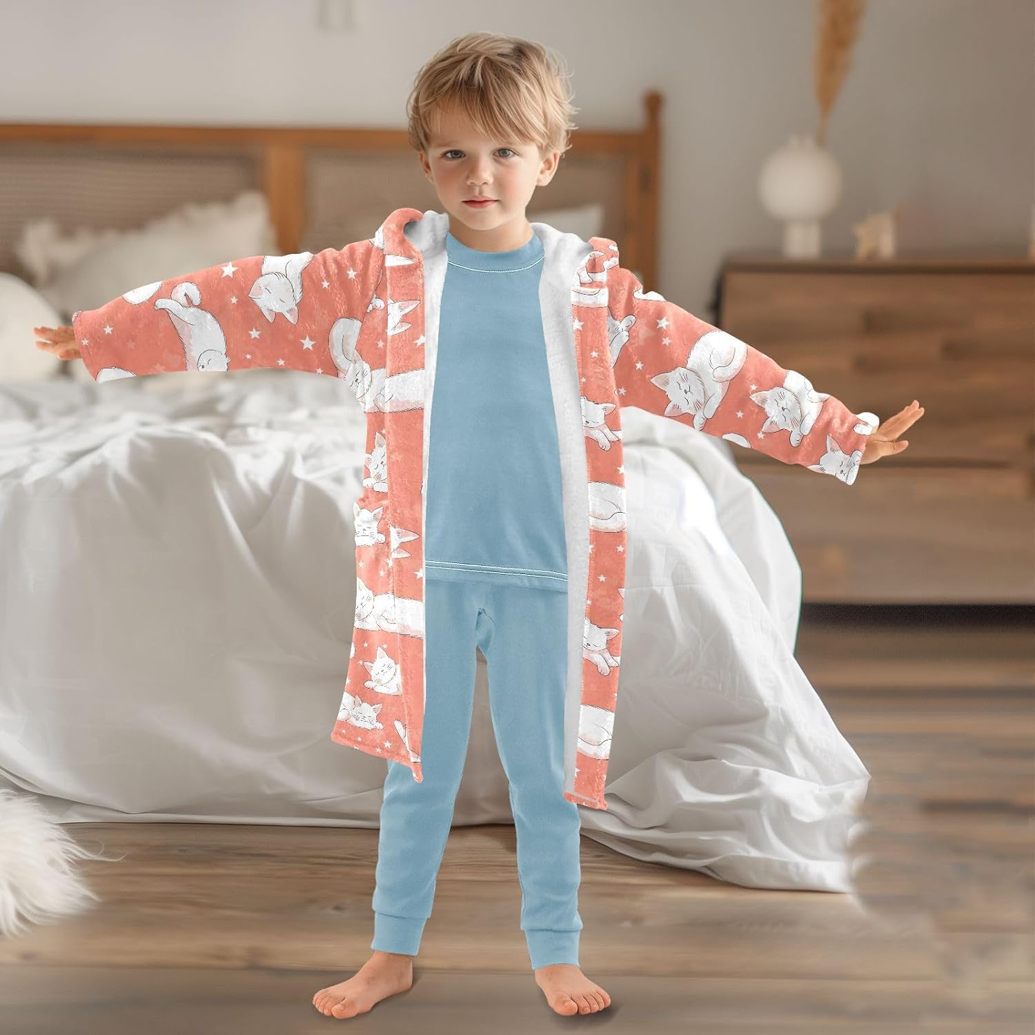 senya Lazy White Cat Sleeping Toddler Hooded Bathrobe Kids Soft Plush Bath Towel Robes for Boys Girls 2-12 Years