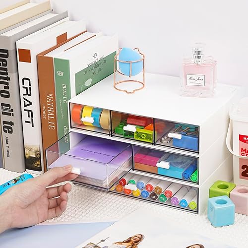 Miniatura 2 de Organizador de escritorio apilable de 3 niveles con 6 cajones, cajones de plástico de almacenamiento de escritorio, almacenamiento de maquillaje