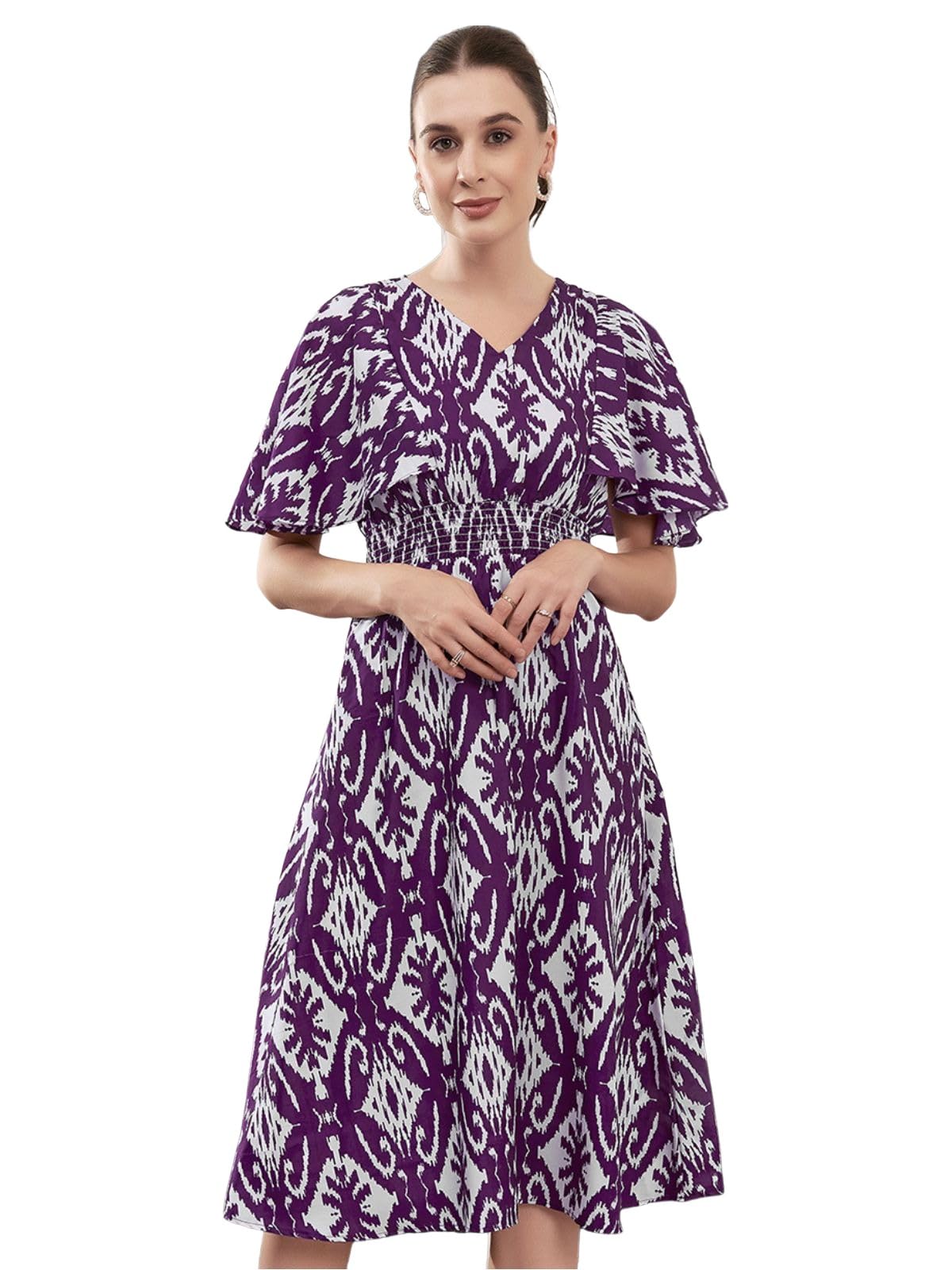 Selvia Western Dress For Women | Printed Crepe Western Dress For Women | Fit & Flare Dress For Women | One Piece Dress For Women (637Dtk7715N-Xs_Dark Purple & White)
