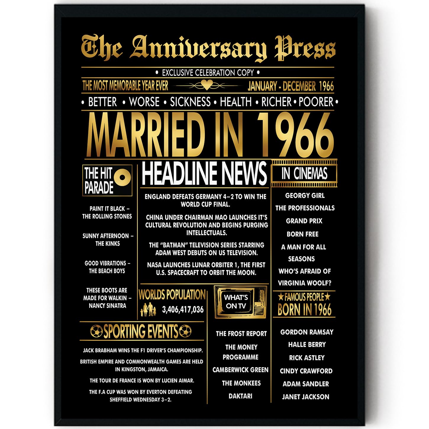 Stuff4 Gold 60th Anniversary Poster Framed - Golden Married In 1966 Newspaper - 60 Anniversary for Men Women Retro Vintage Gifts Back In 1966, 8x10 Inch Bday Party Decor Decoration