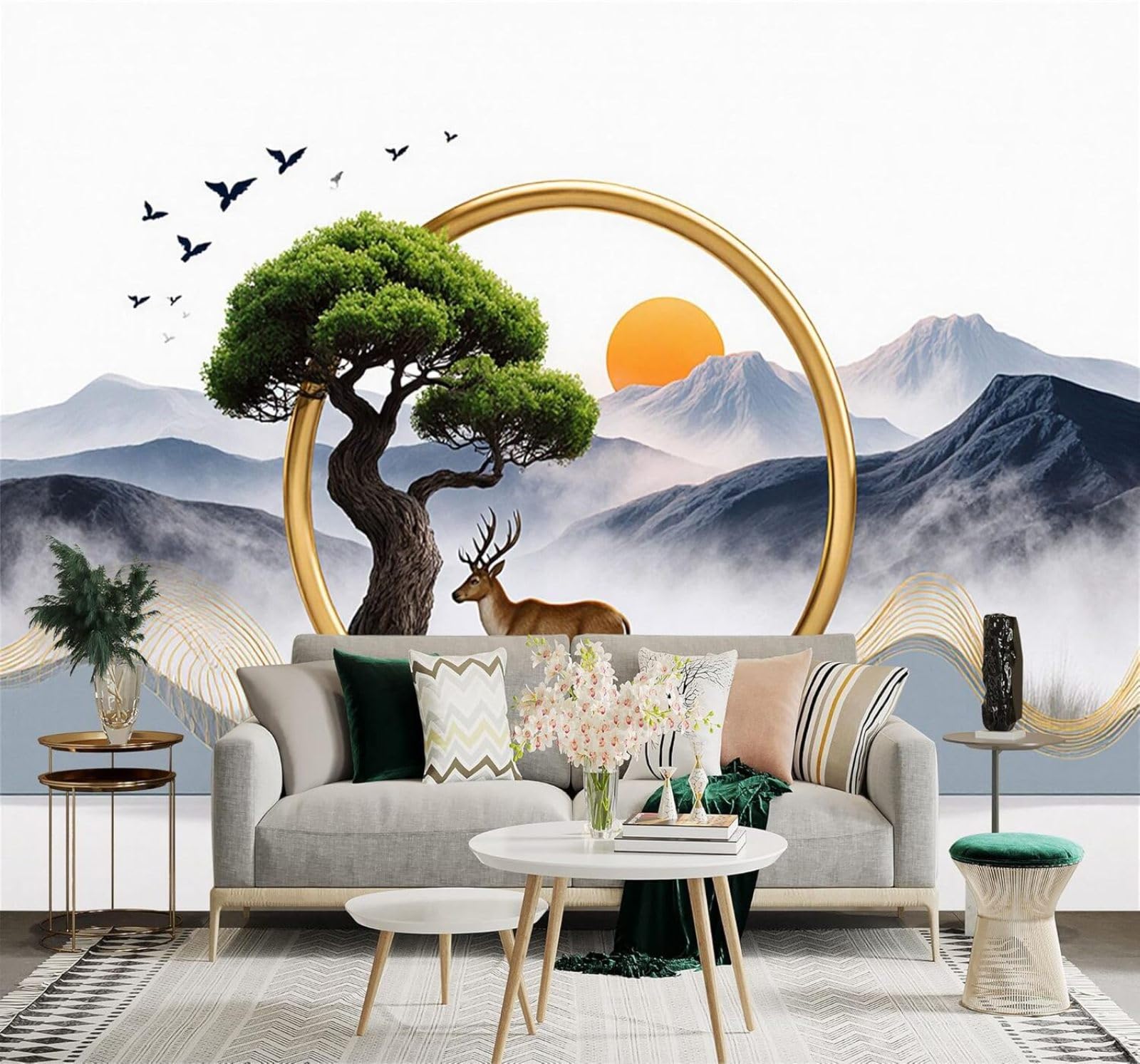 Xlming 400Cm×280Cm(B×H) Deer Trees Mountains Golden Sunlight Misty Landscape 3D Wallpaper Premium Textured Silk Study Dining Living Room Bedroom Sofa Tv Wall Easy Install-400Cm×280Cm