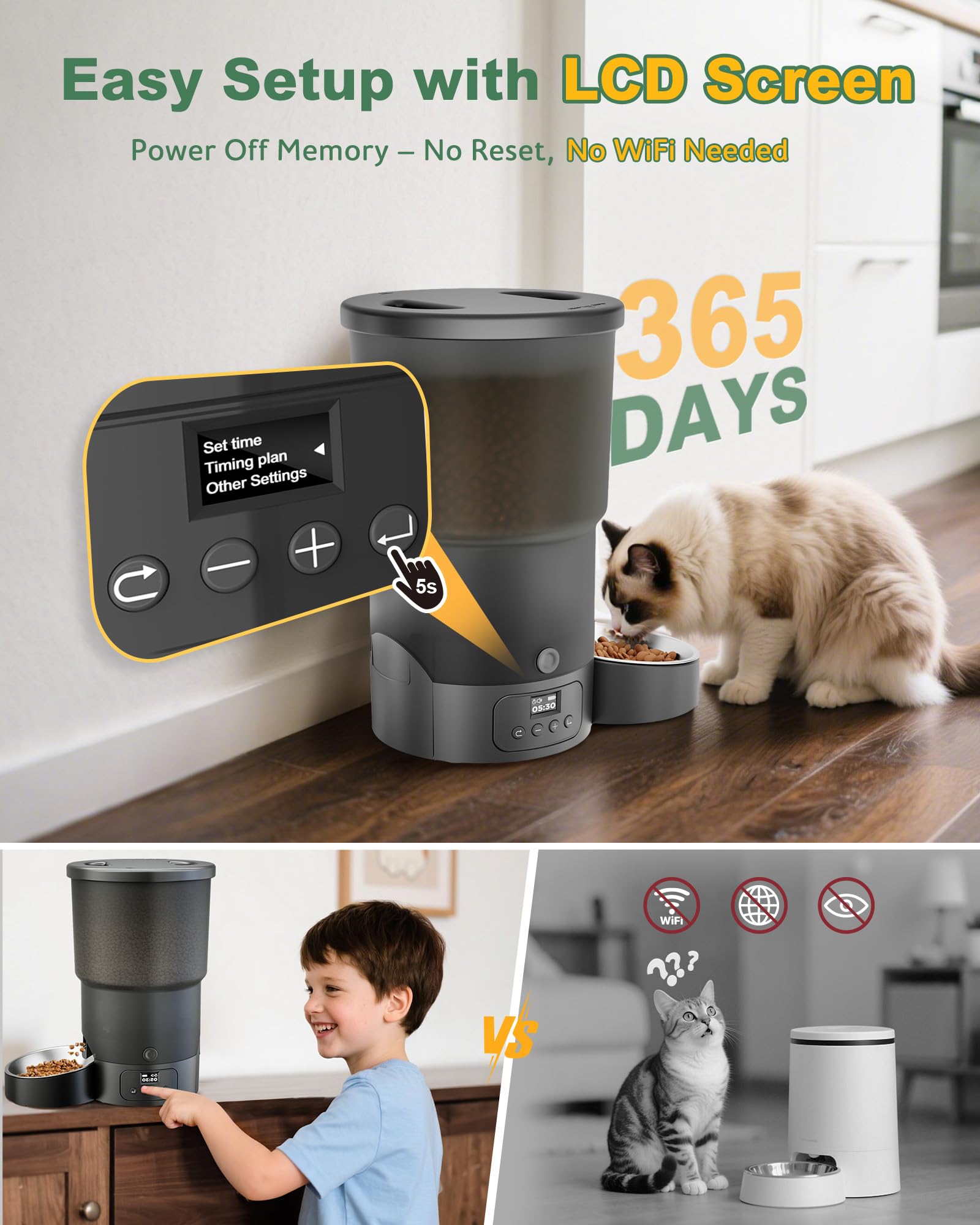 Gimars 5L/20 Cups Automatic Cat Feeder, Programmable 1-6 Meals Cat Food Dispenser with Stainless Steel Bowl, Easy Setup, Dual Power Supply,10s Meal Call Timed Pet Feeder for Cats and Small Dogs - image 2