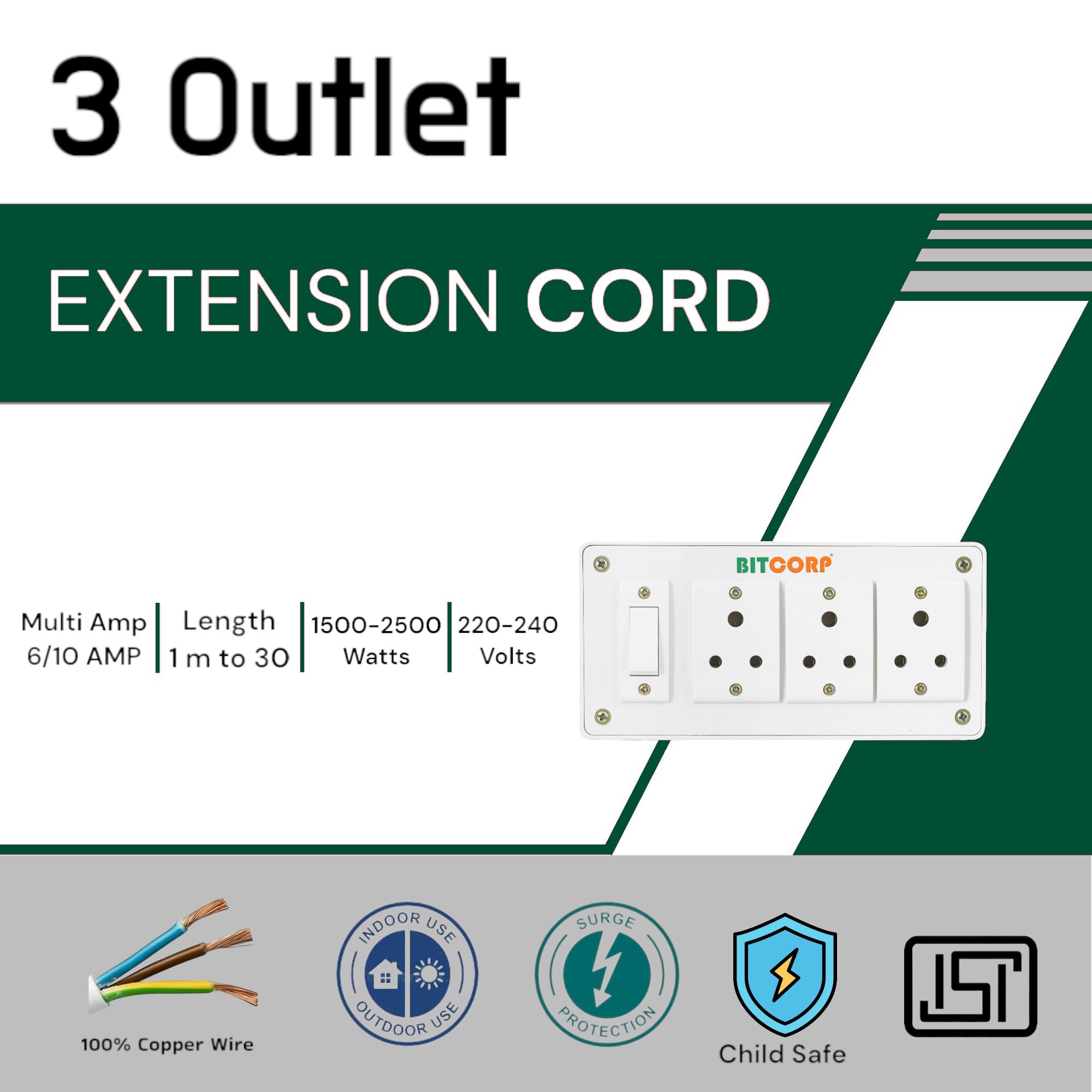 BITCORP 6A Extension Board 3 Socket 1 Switch, 2000W, 4M 1.5mm ISI Certified Wire — Amazon image 2