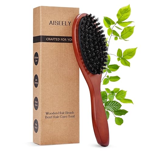 Brosse à Cheveux Poils de Sanglier, AISEELY Brosse Demelante , Massage Cuir Bois pour Antistatique Professionnelle Réduisant la Casse des Cheveux et les Cheveux Crépus - marron
