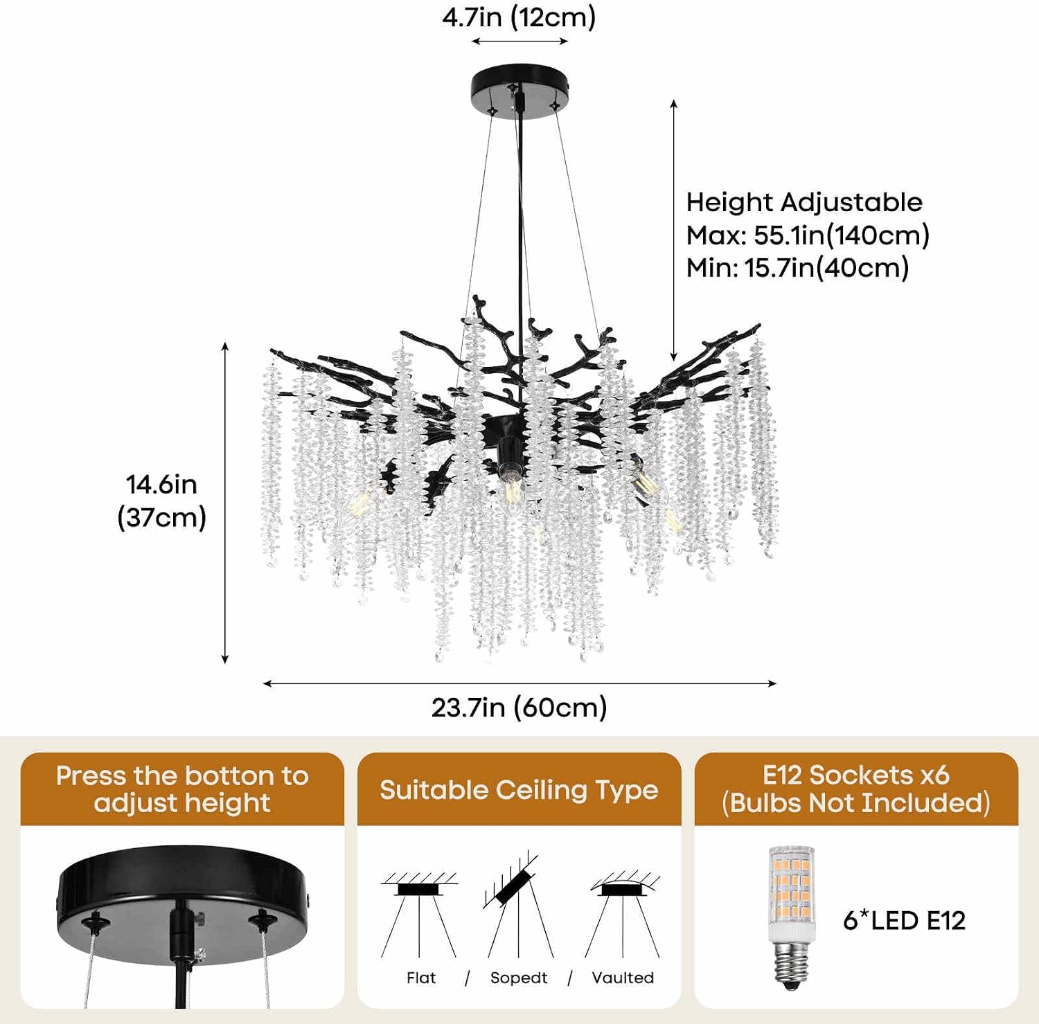 Crystal Chandelier D23.7 Modern Chandeliers for Dining Room K9 Tree Branches Chandeliers 6-Light Luxury Pendant Lighting for Living Room, Bedroom, Foyer, Kitchen Island