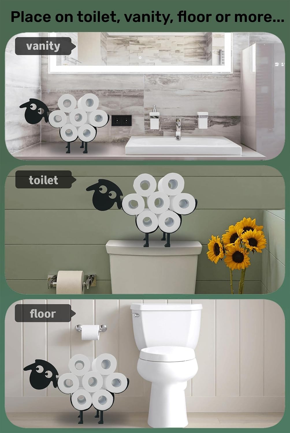 Cute Sheep Animal Paper Holders, Black Metal Toilet Tissue Holder, FreeStanding Toilet Paper Organizer for Bathrooms, Holds Extra 8 Rolls