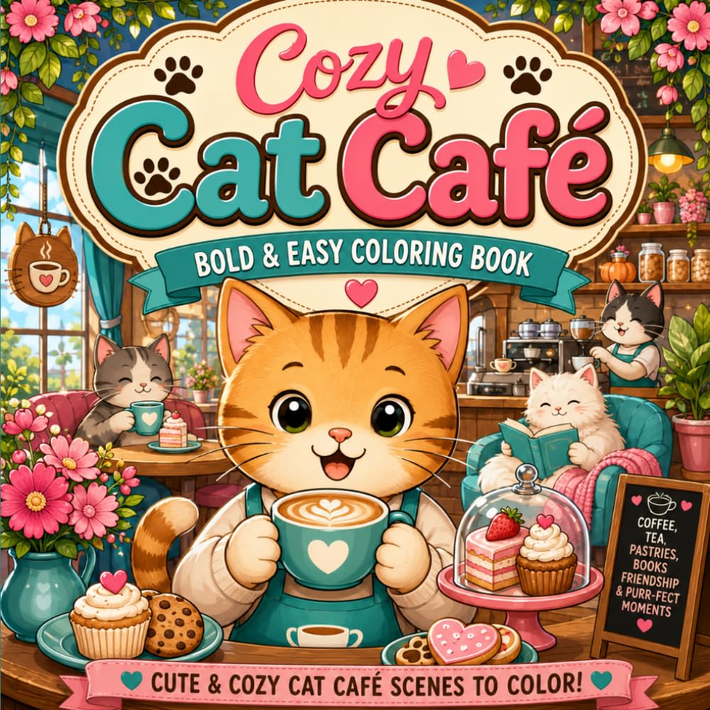 Cozy Cat Café: Bold & Easy Coloring Book (Cozy Cat: Coloring Books Series)