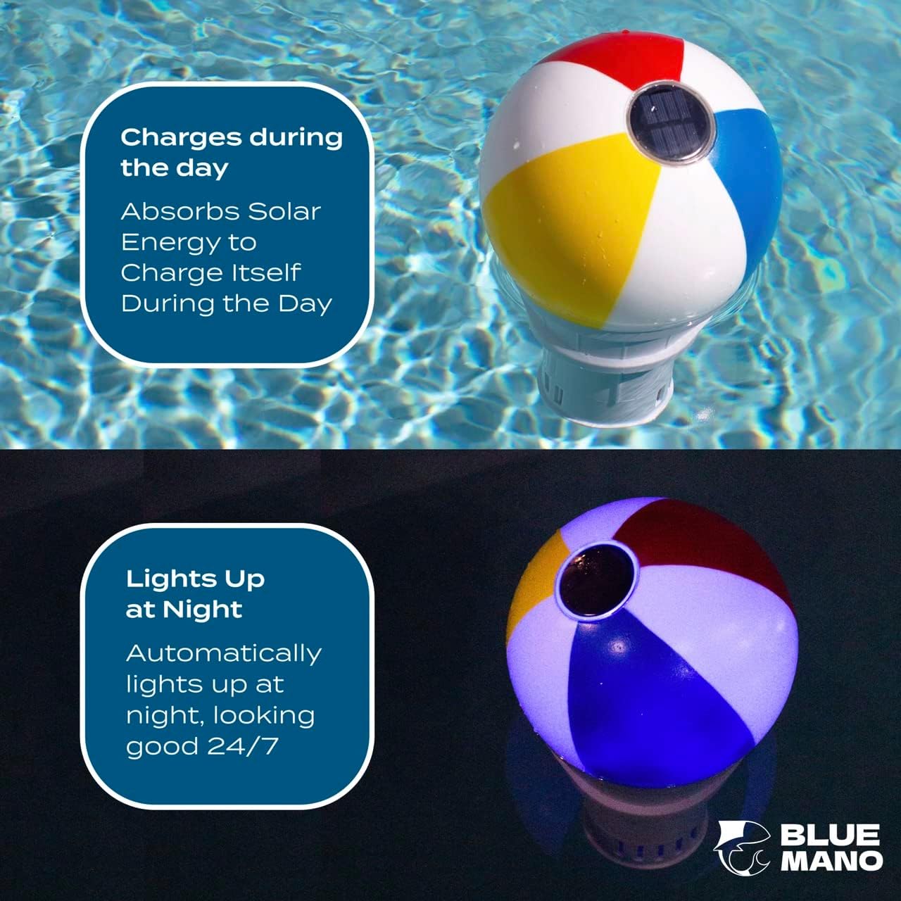 Blue Mano Beach Ball Solar Light up Chlorine Dispenser for 3 inch Chlorine Tablets, Durable Design, Beach Ball Chlorine Floater & Dispenser for Inground and Above Ground Swimming Pool