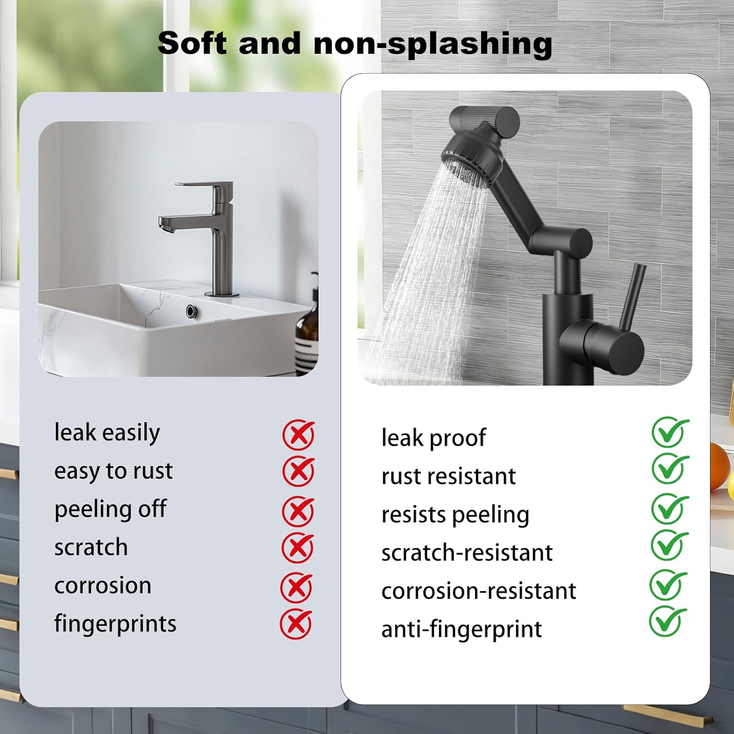Black1080° Universal Rotatable Bathroom Faucet - Lead-Free Stainless Steel, Height Adjustable, Dual Spray Modes, Single/3-Hole Installation, for Bathroom Sink -Grifo de baño giratorio 1080 grados