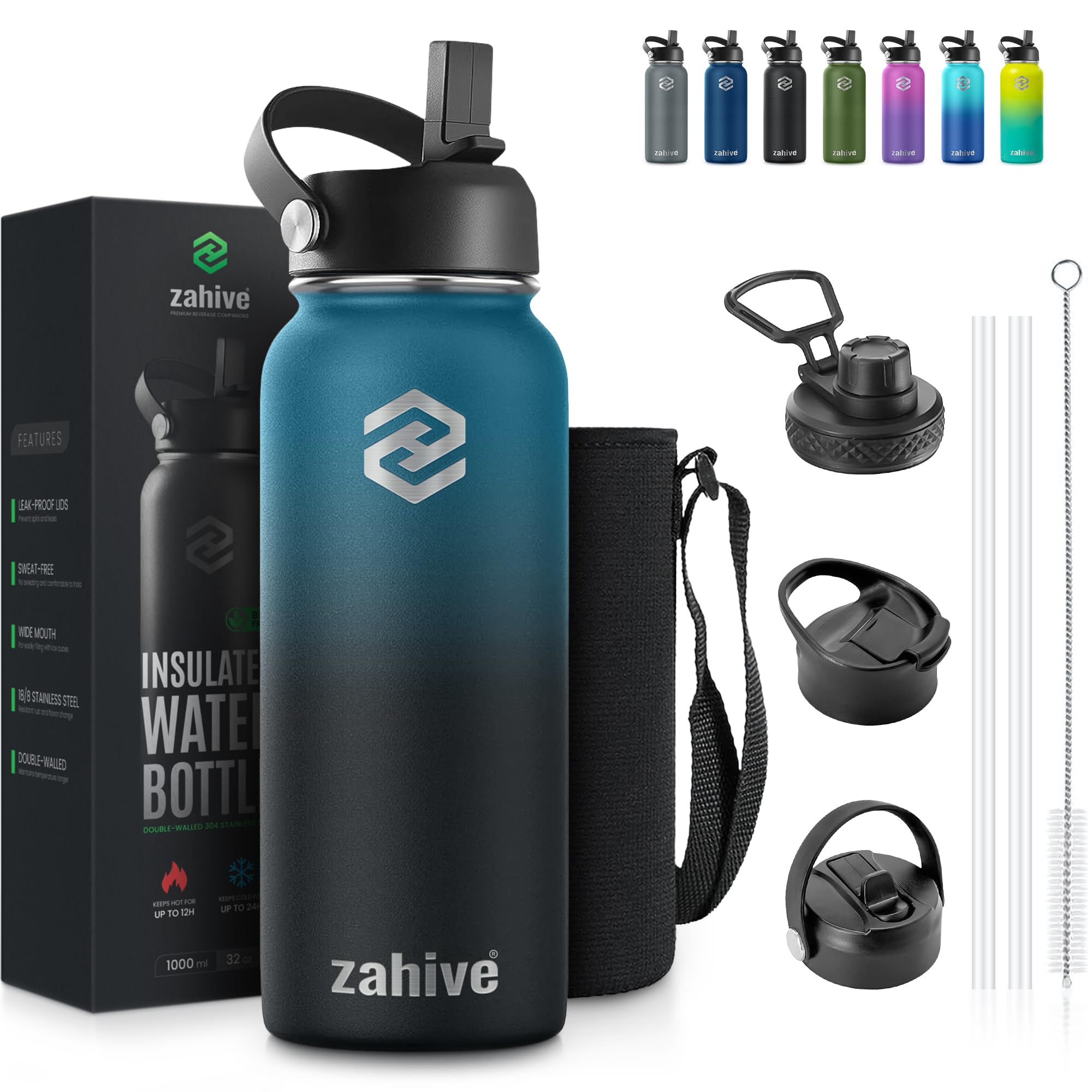 Stainless Steel Water Bottle 1l with 3 Lids & Bag - Insulated Water Bottle with Straw - 1000ml Double Wall Thermos Flask for Travel Hot & Cold Drinks, Sports, Gym, Leak Proof (32oz, Blue Black) 1000 ml Blue Black