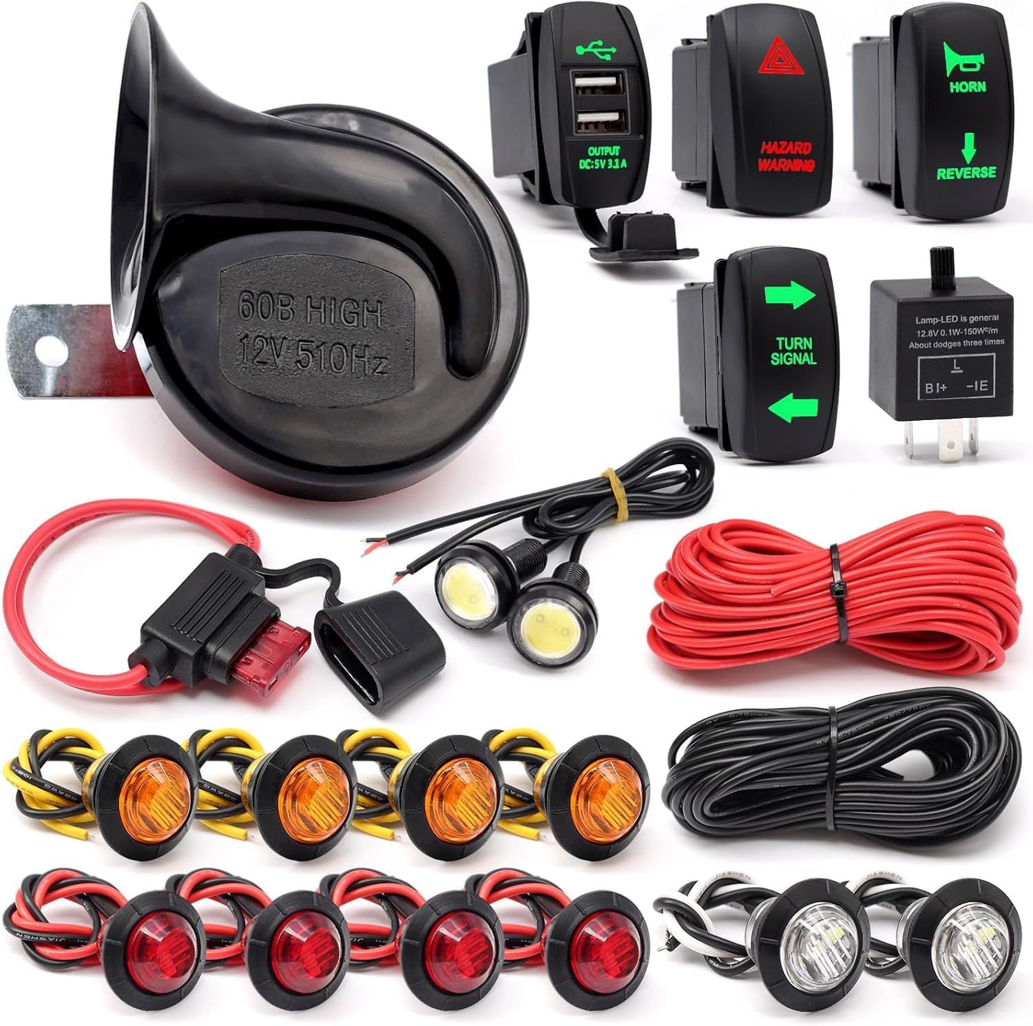 UTV Turn Signal Kit with Horn, ATV SXS Blinker Kit with Brighter LED Lights&110DB Horn&Rocker Switch&Flasher Relay, Universal 12V Street Legal for Polaris, Can-Am, Kawasaki, Golf Cart