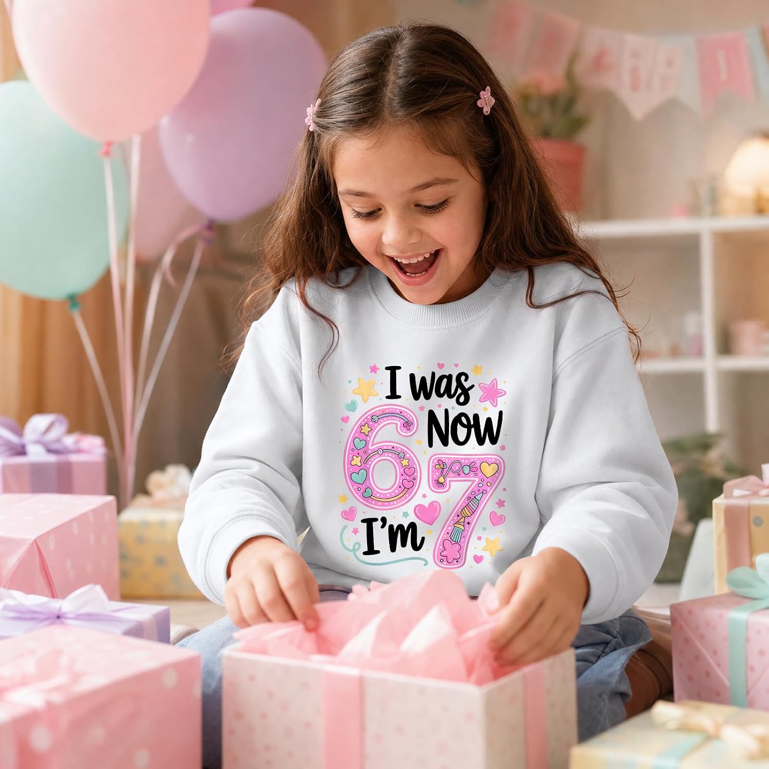 I Was 6 Now Im 7 Sweatshirt for Girls 6 7 Decorations Pullover for Kids 7th Year Old Birthday Gifts Cute Graphic Top(White,130)