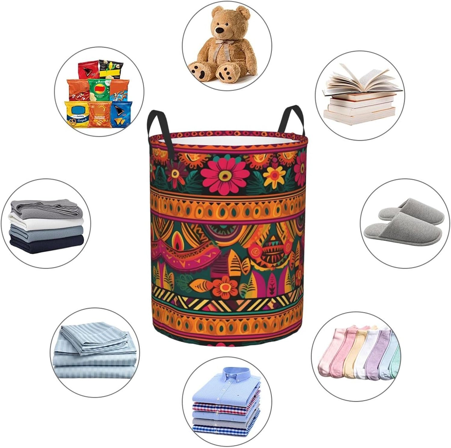 Mexican Folk Art Boho Laundry Basket Foldable Laundry Hamper Waterproof Collapsible Washing Bin Clothes Bag Freestanding Dirty Clothes Hampers for Laundry, Bedroom, Dorm