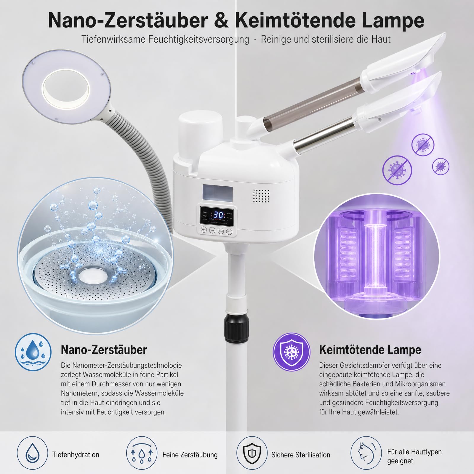 Gesichtsdampfer Ozon Kalt/Heiß Bedampfer 360° Porenreiniger Dampf Spa Maschine mit 5 LED-Licht und Vergrößerungsglas Dampfgerät Touchscreen Design Gesichtssauna Verdampfe