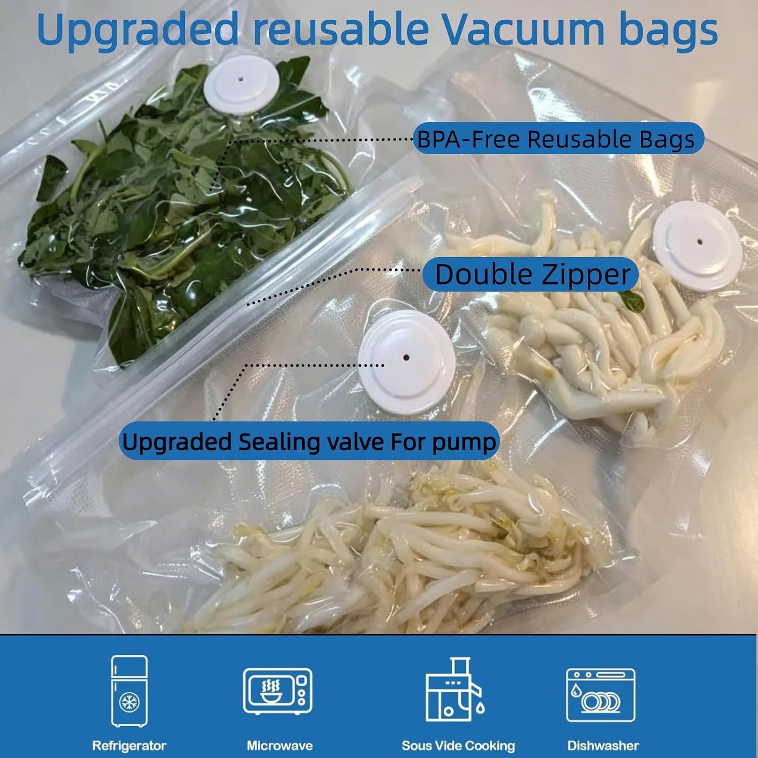 40PCS Vacuum Sealer Bags for Food with Air Valve, Reusable Sous Vide Bags,Bags BPA Free Food Saver Bag For Refrigerator Microwave Travel Camping (20 large+20 small)